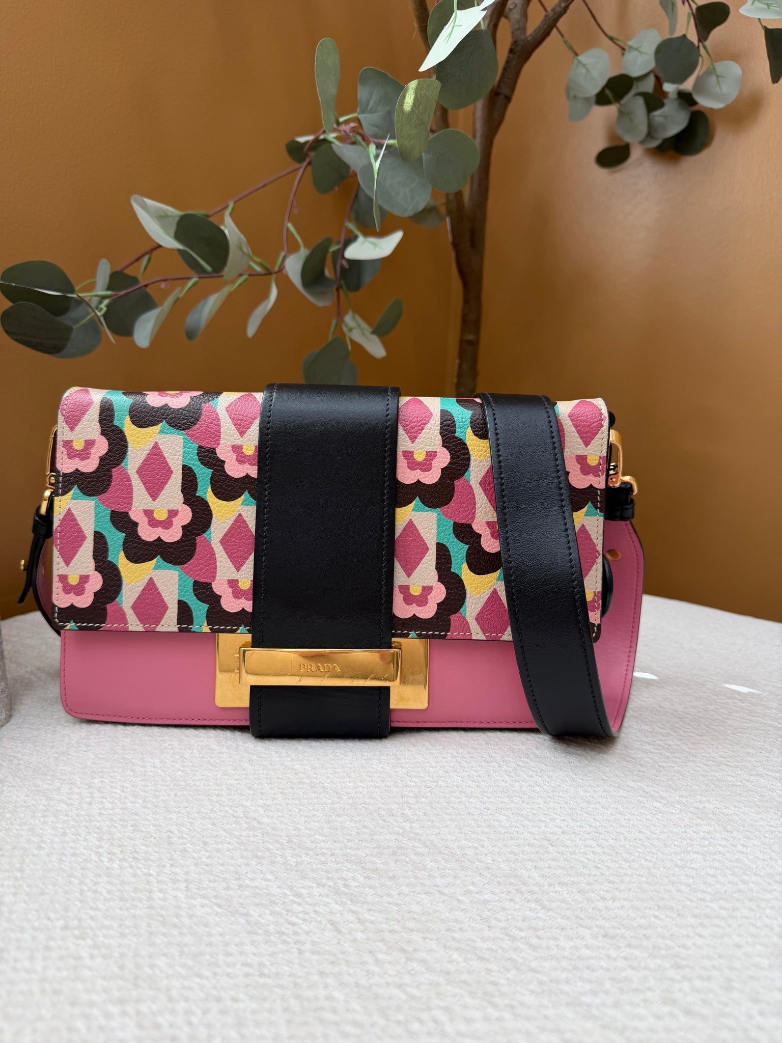 Prada Pink Floral Leather Plex Ribbon Shoulder Bag