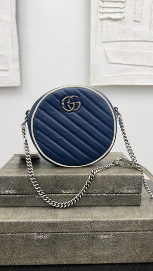 Gucci Blue Leather GG Marmont Round Chain Crossbody Bag