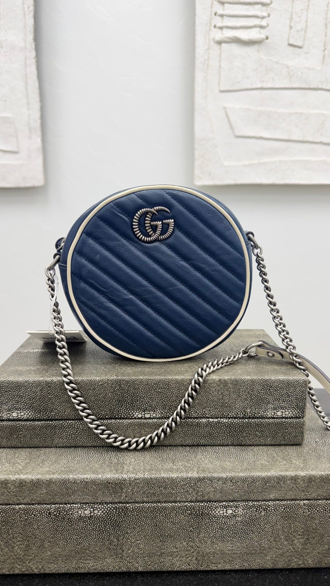 Gucci Blue Leather GG Marmont Round Chain Crossbody Bag 