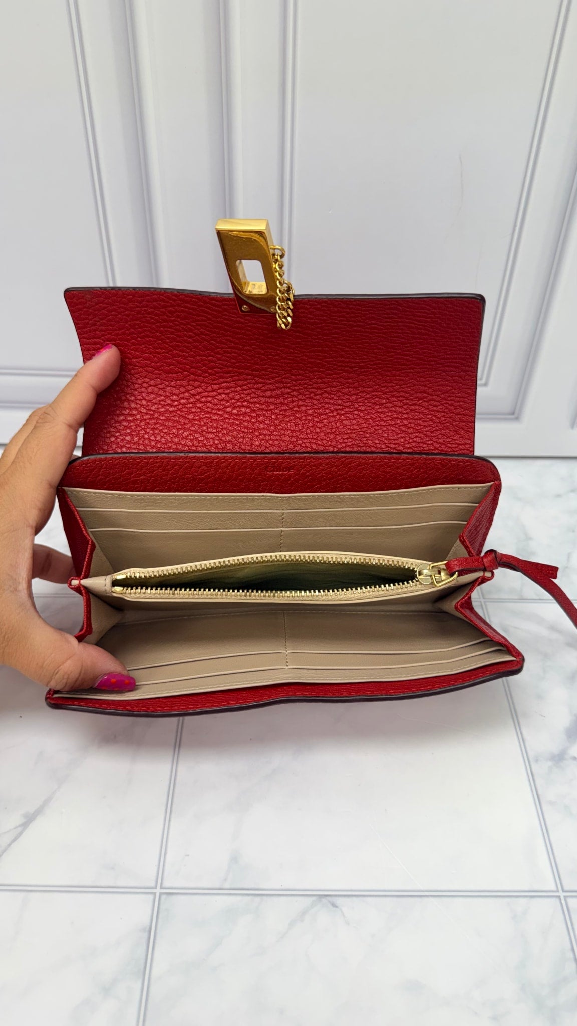 Chloe Red Grained Leather Drew Long Wallet 