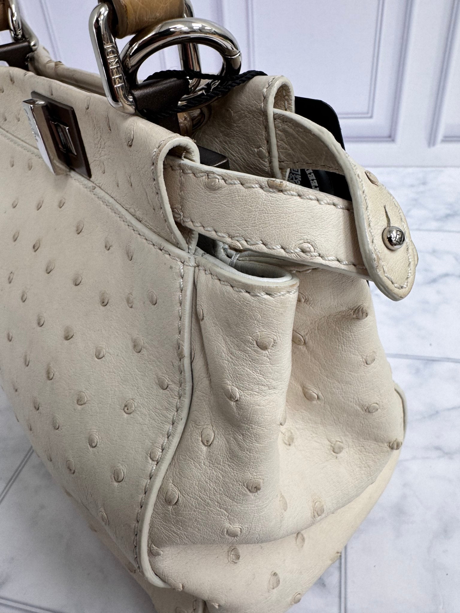 Fendi Beige Ostrich Peekaboo Iconic Mini 2 Way Bag