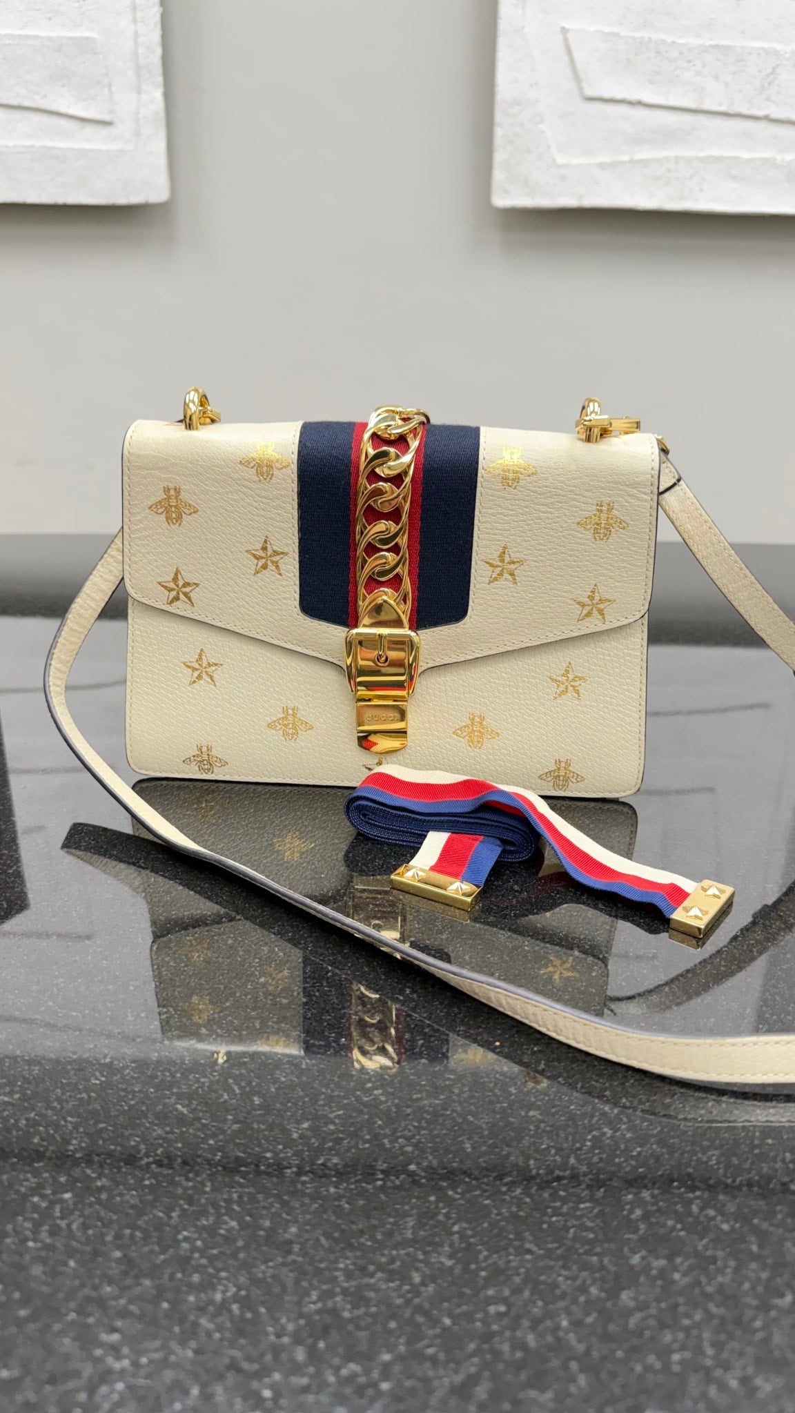 Gucci Ivory Leather Star Bee Small Sylvie Crossbody