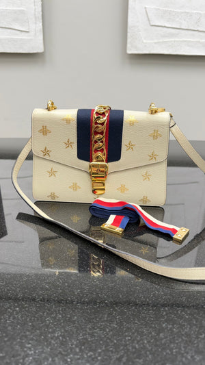 Gucci Ivory Leather Star Bee Small Sylvie Crossbody