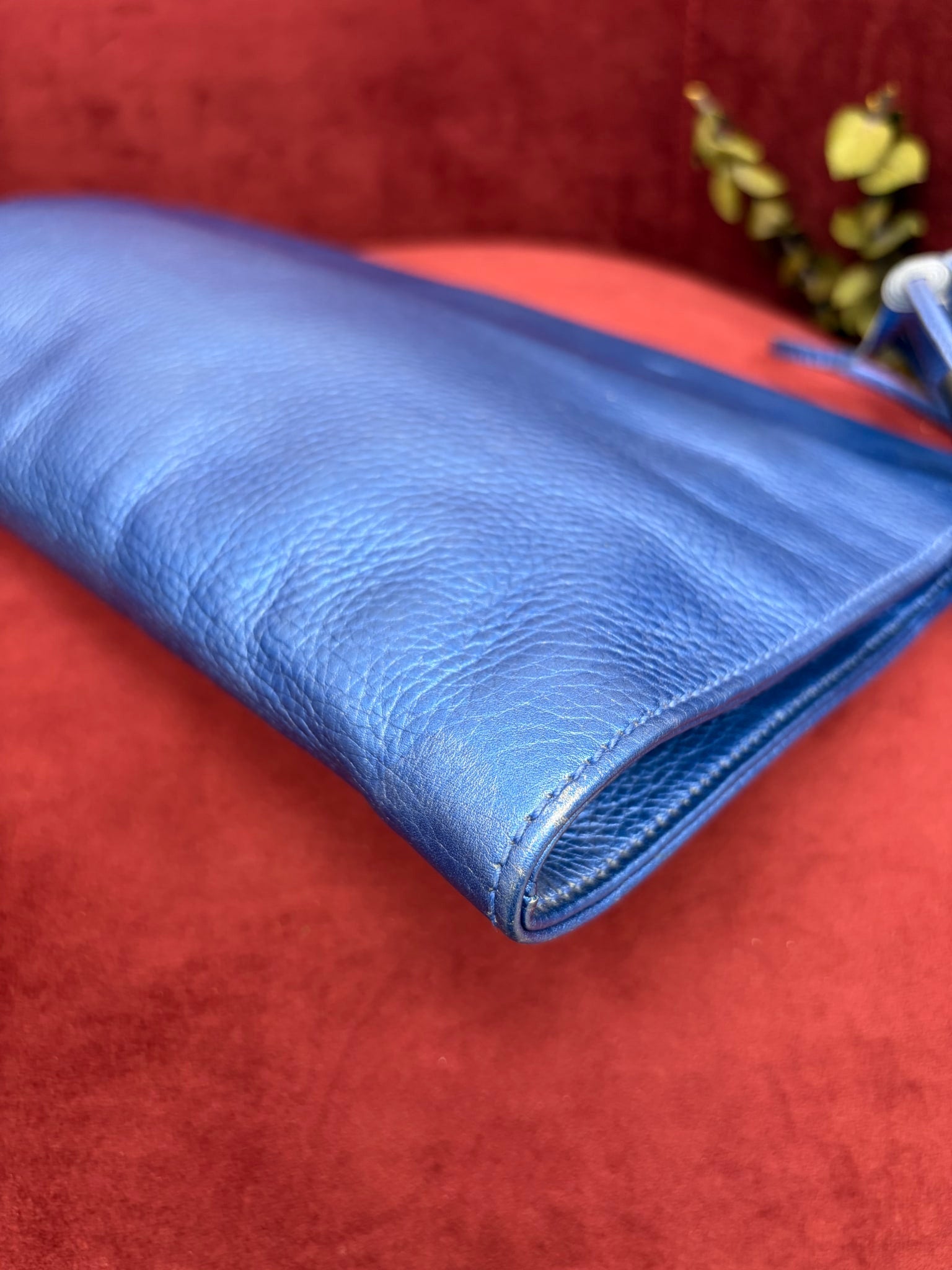 Gucci Metallic Blue Leather Bamboo Tassel Clutch