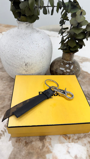 LIKE NEW - Fendi Brown And Black Leather Coated Canvas FF Logo Keychain