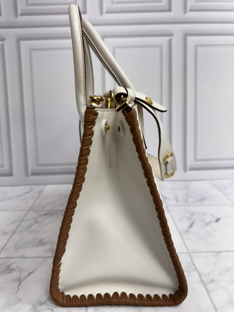 Prada White Saffiano Leather And Whipstitch Trim Paradigme Medium Tote Bag 