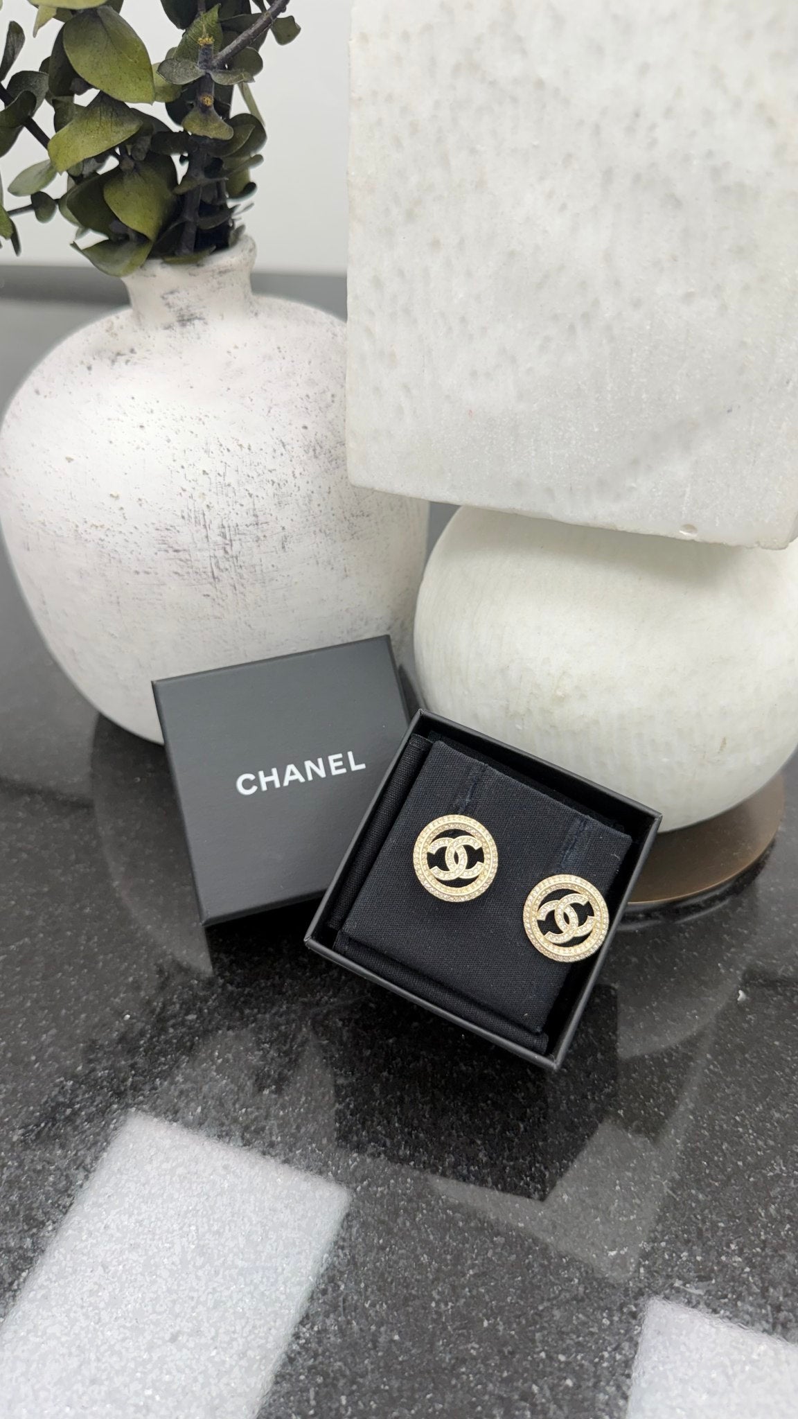 Chanel Gold Toned Round Crystal Stud Earrings 