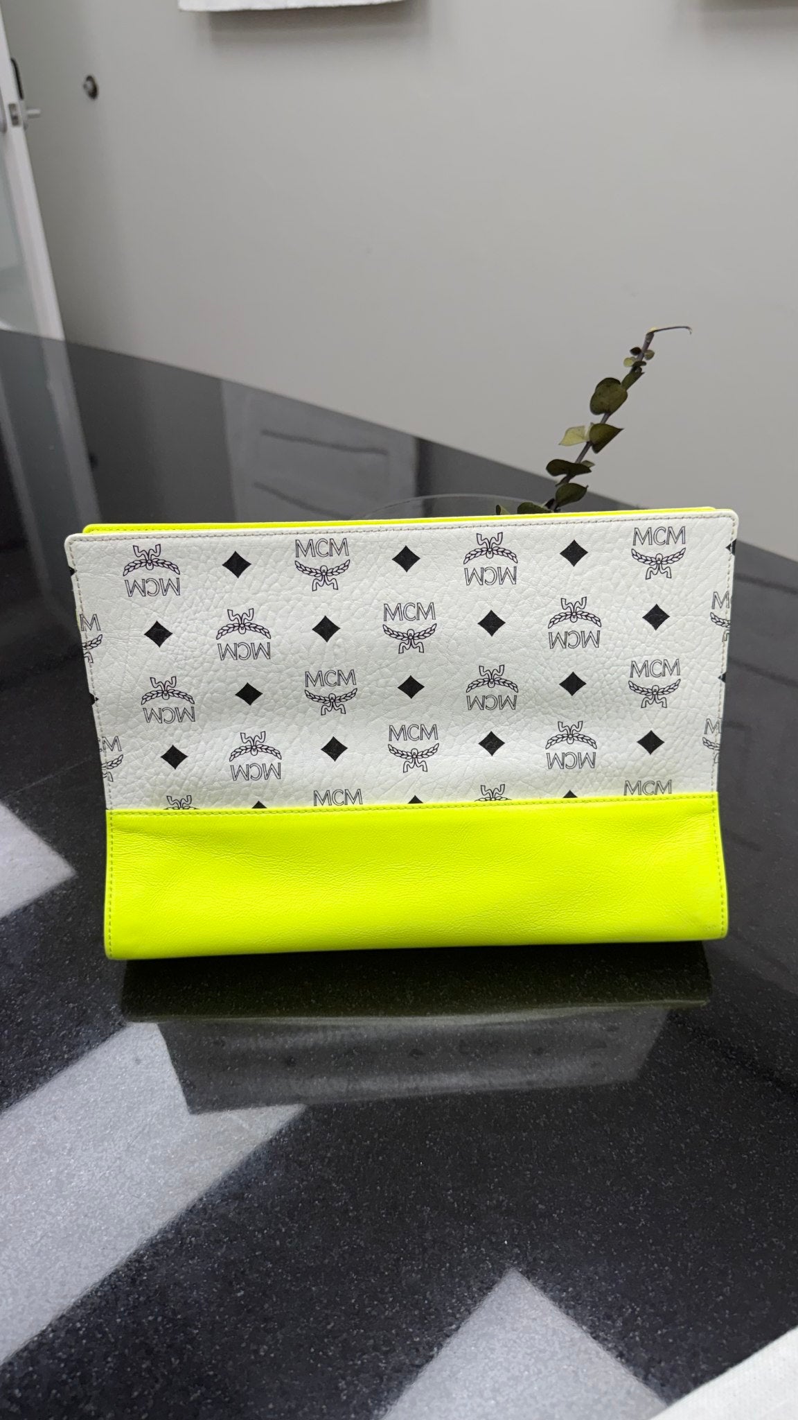 MCM White Visetos Coated Canvas & Neon Green Leather Clutch