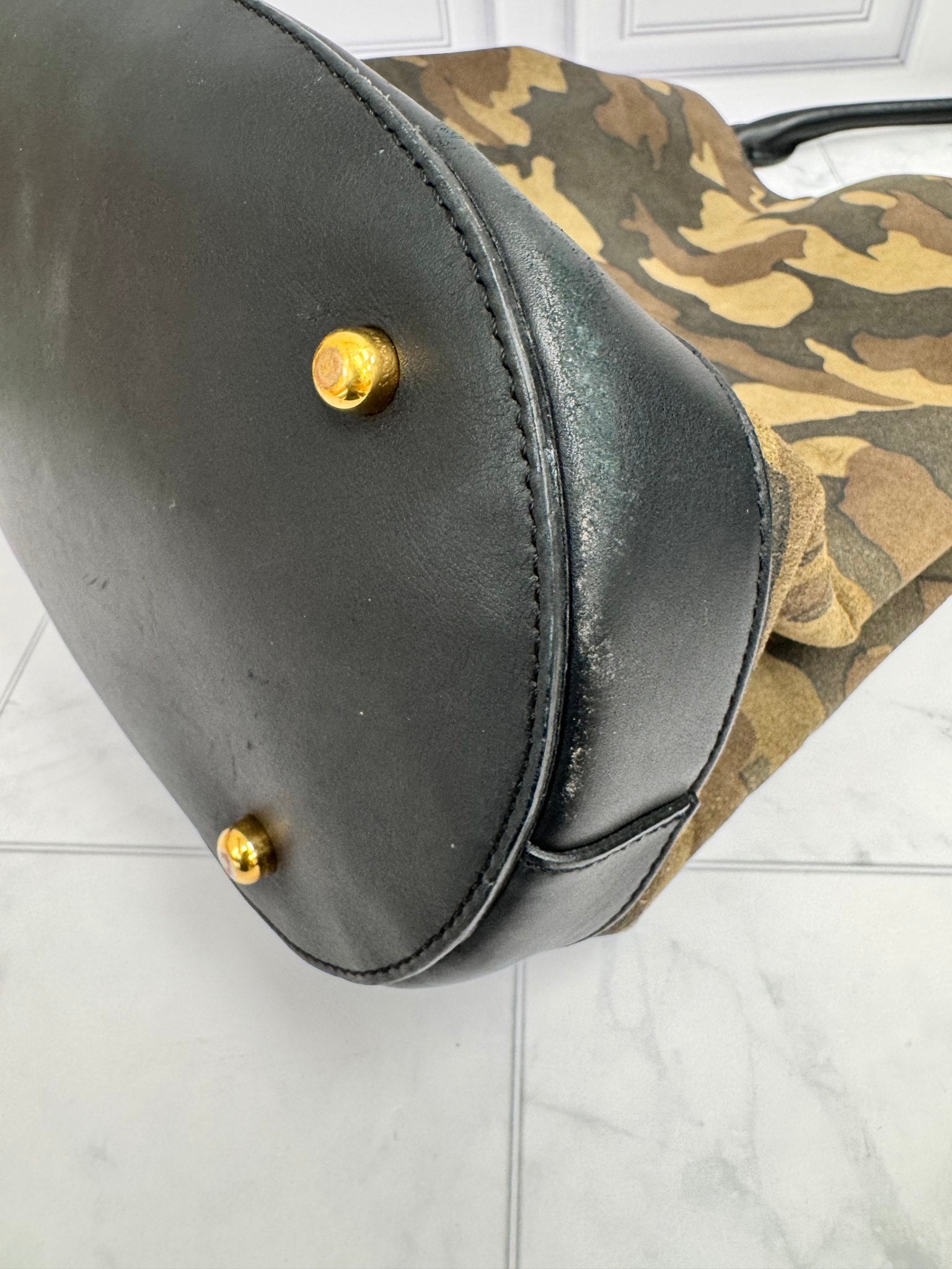Burberry Brown Camoflauge Suede And Leather Bucket Bag