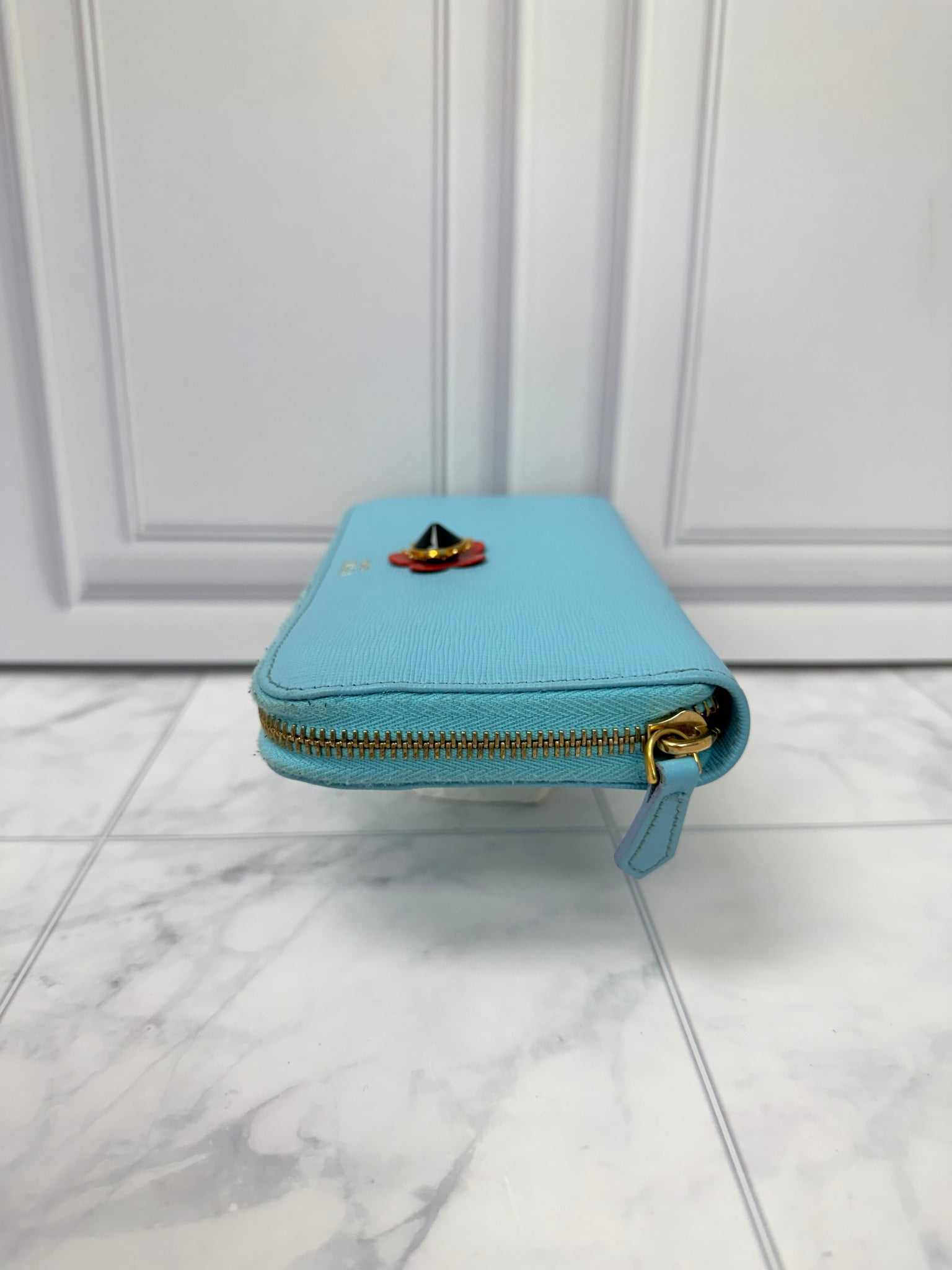 Fendi Light Blue Saffiano Leather Flowerland Zippy Wallet 