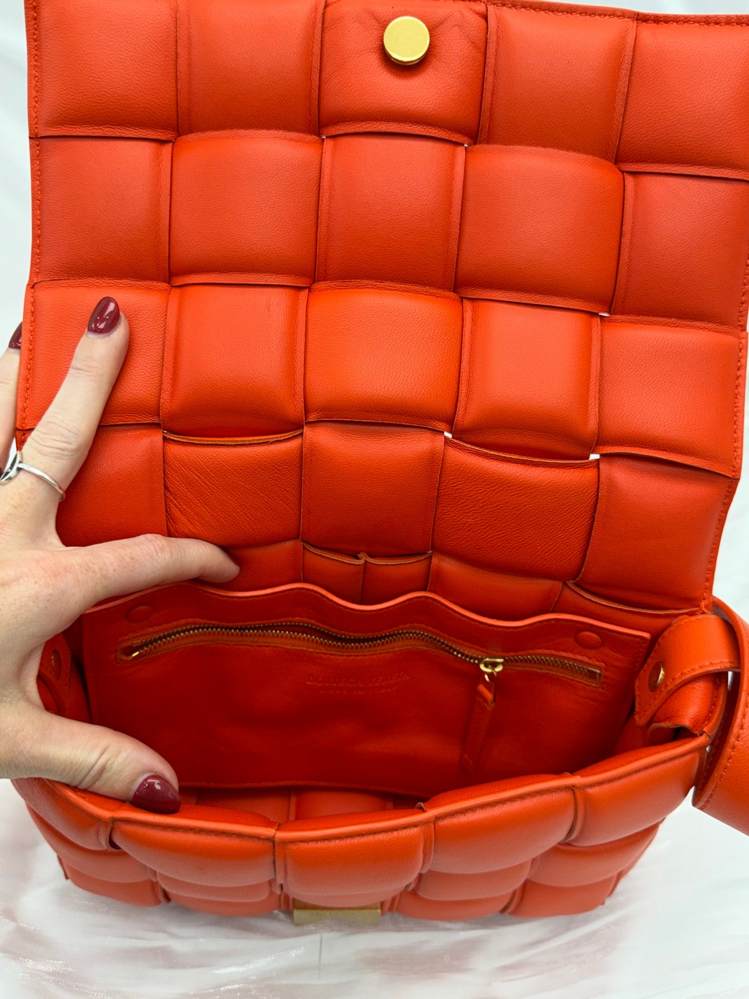 Bottega Veneta Orange Nappa Maxi Intreccio Padded Cassette Crossbody Bag