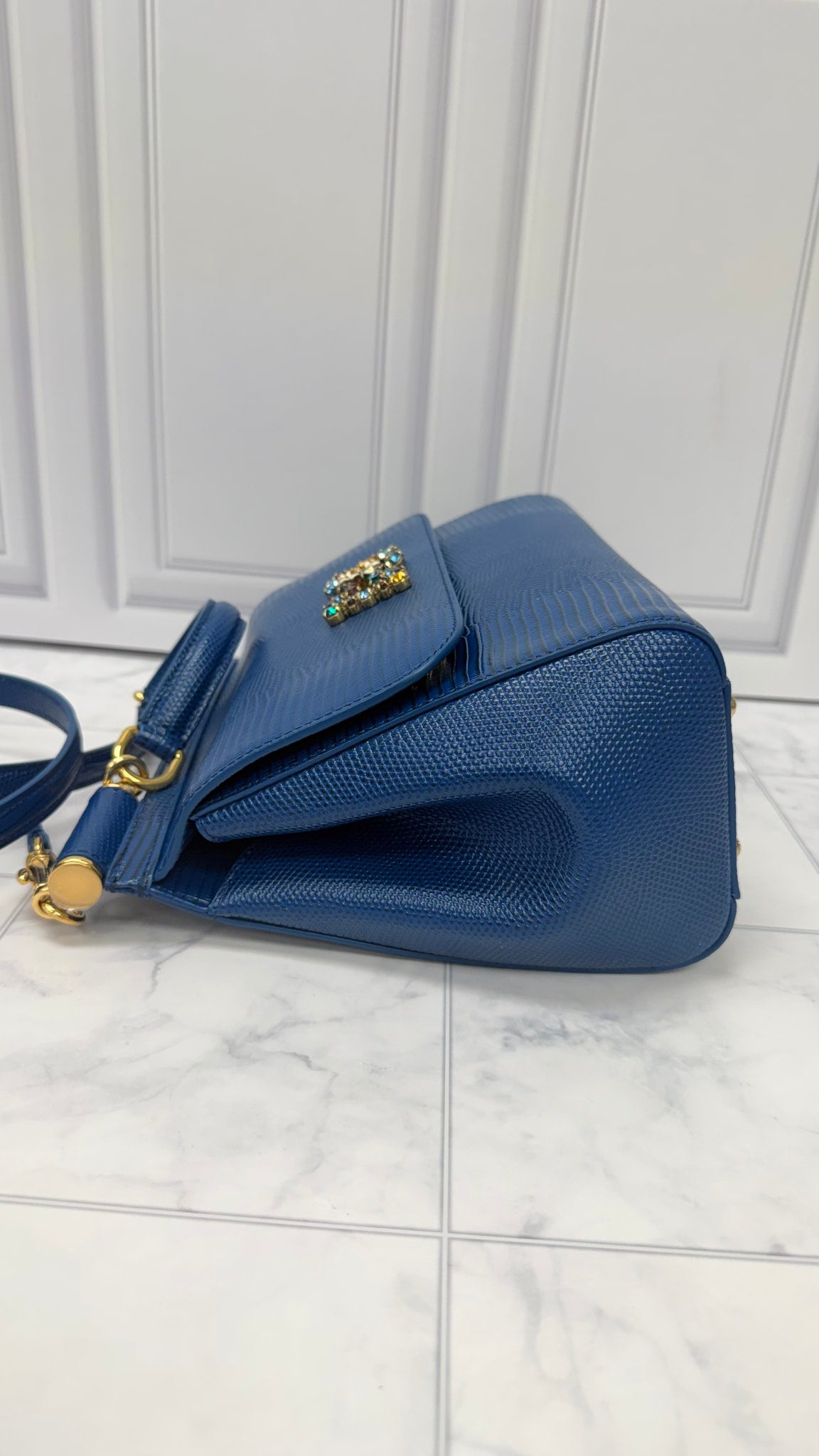 BRAND NEW - Dolce & Gabbana Blue Lizard Leather Sicily Top Handle Handbag