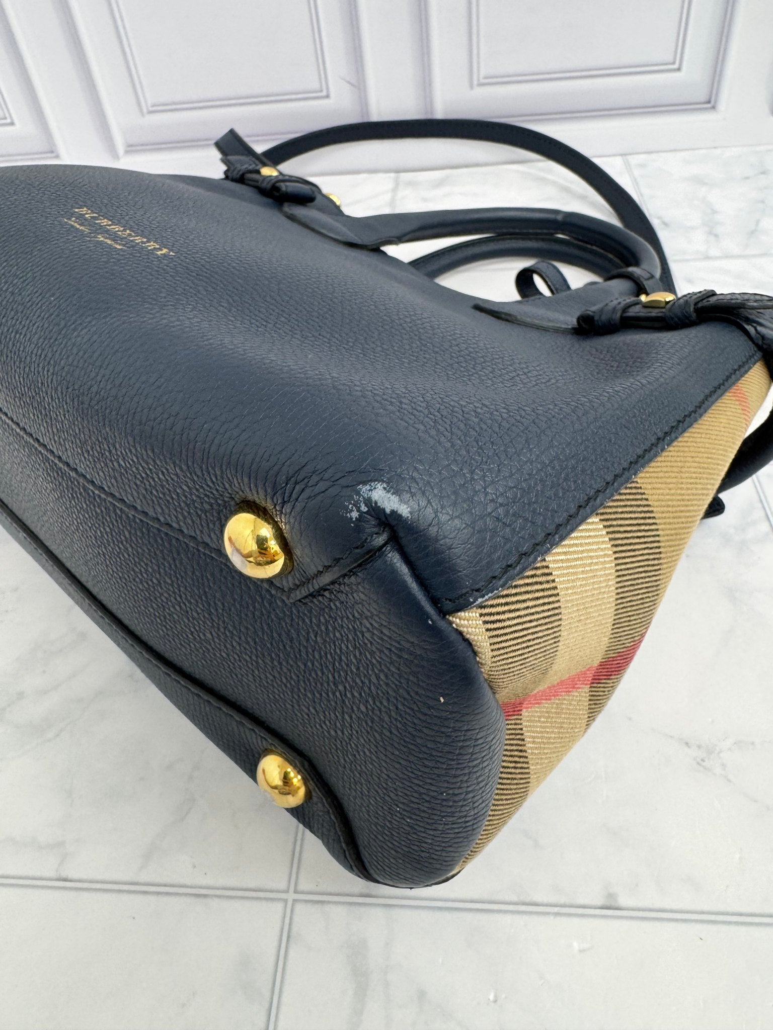 Burberry Navy Blue Grained Leather Small Tote Bag