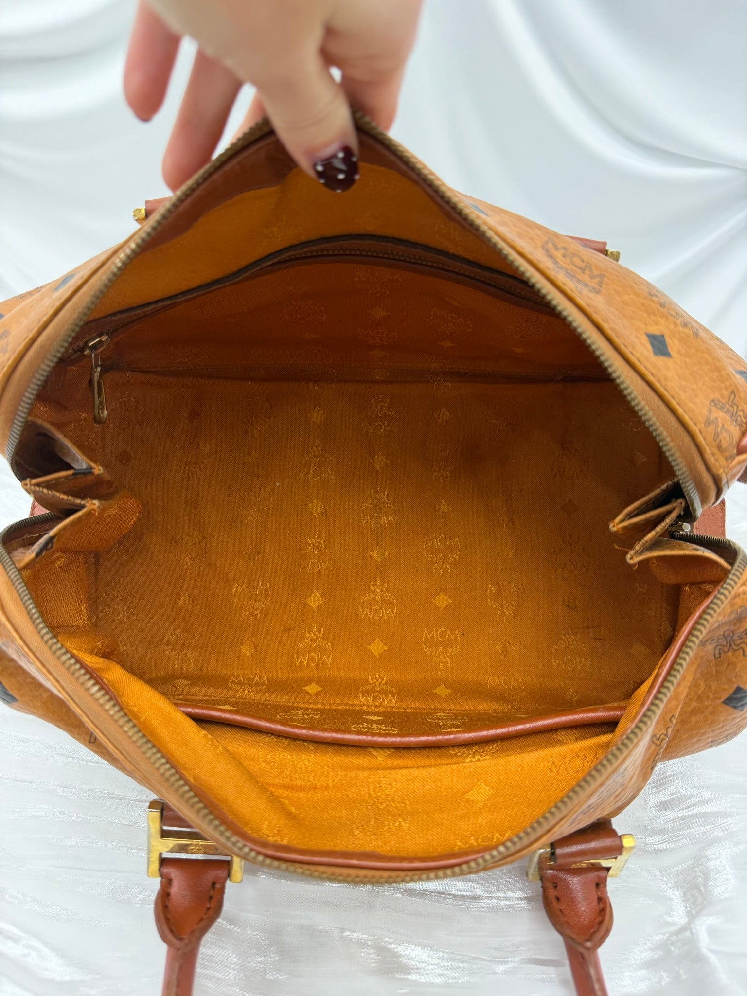 MCM Cognac Visetos Coated Canvas Boston Bag