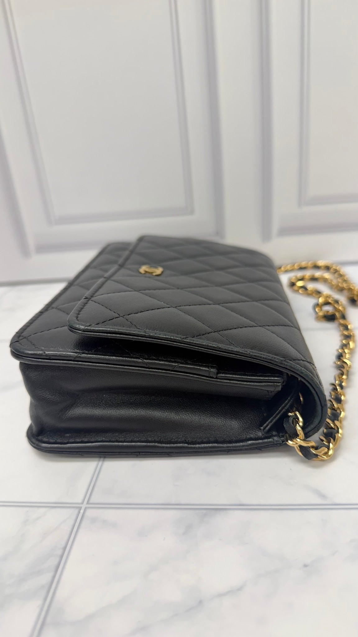 Chanel Black Lambskin Leather Wallet On A Chain