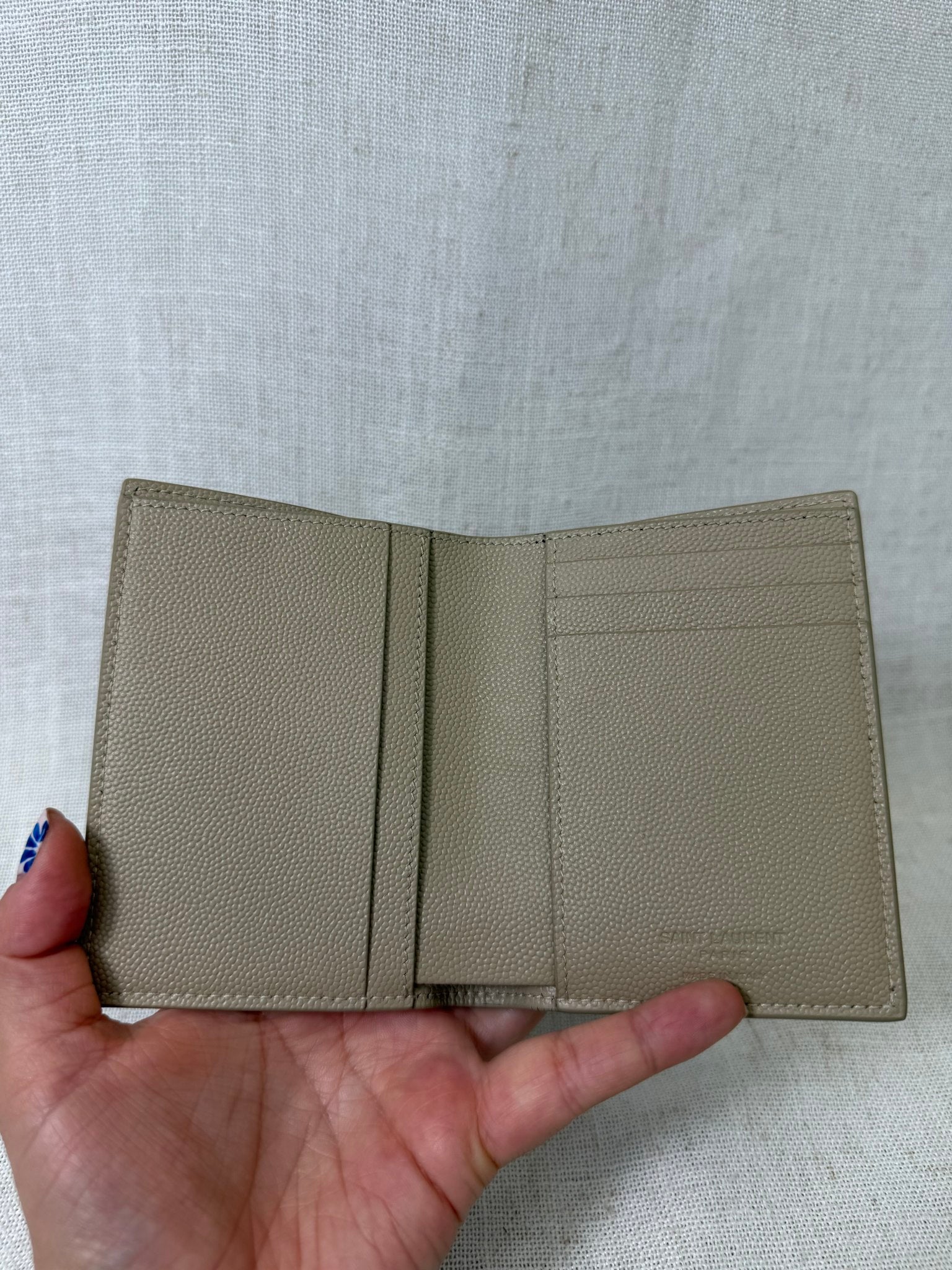 LIKE NEW - Saint Laurent Taupe Grained Leather Tiny Cassandre Wallet 