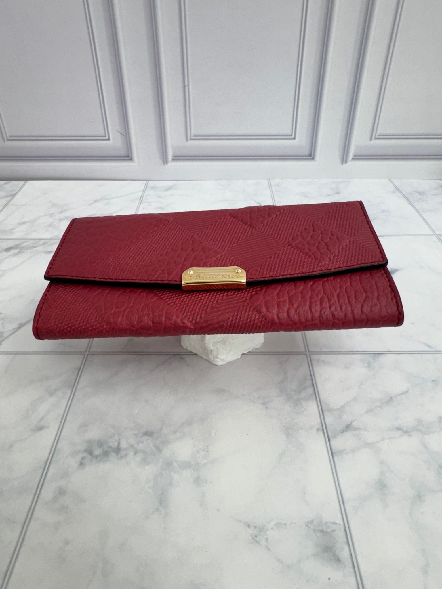 Burberry Burgundy Embossed Check Leather Porter Long Wallet