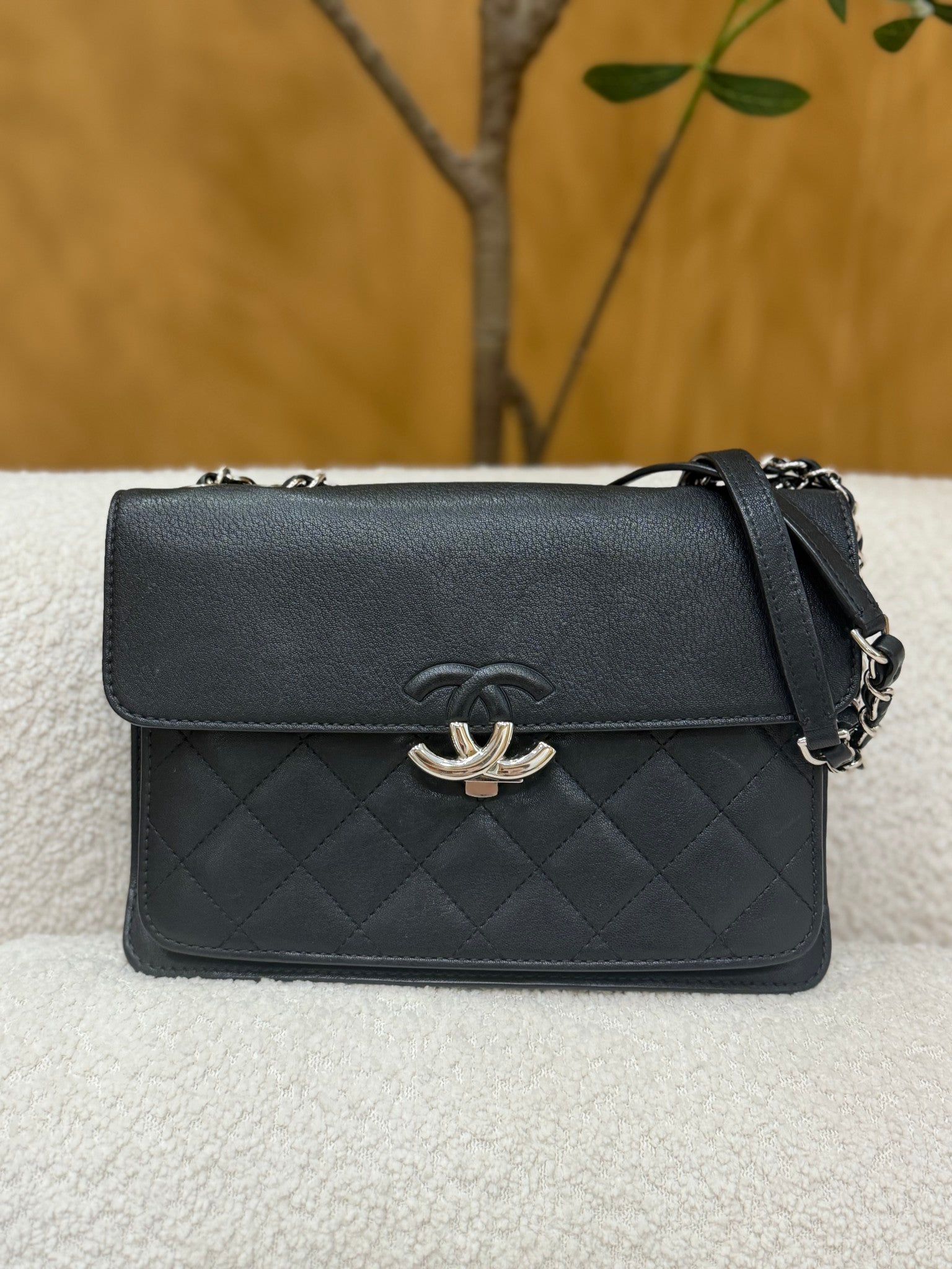 Chanel Black Calfskin CC Box Flap Shoulder Bag