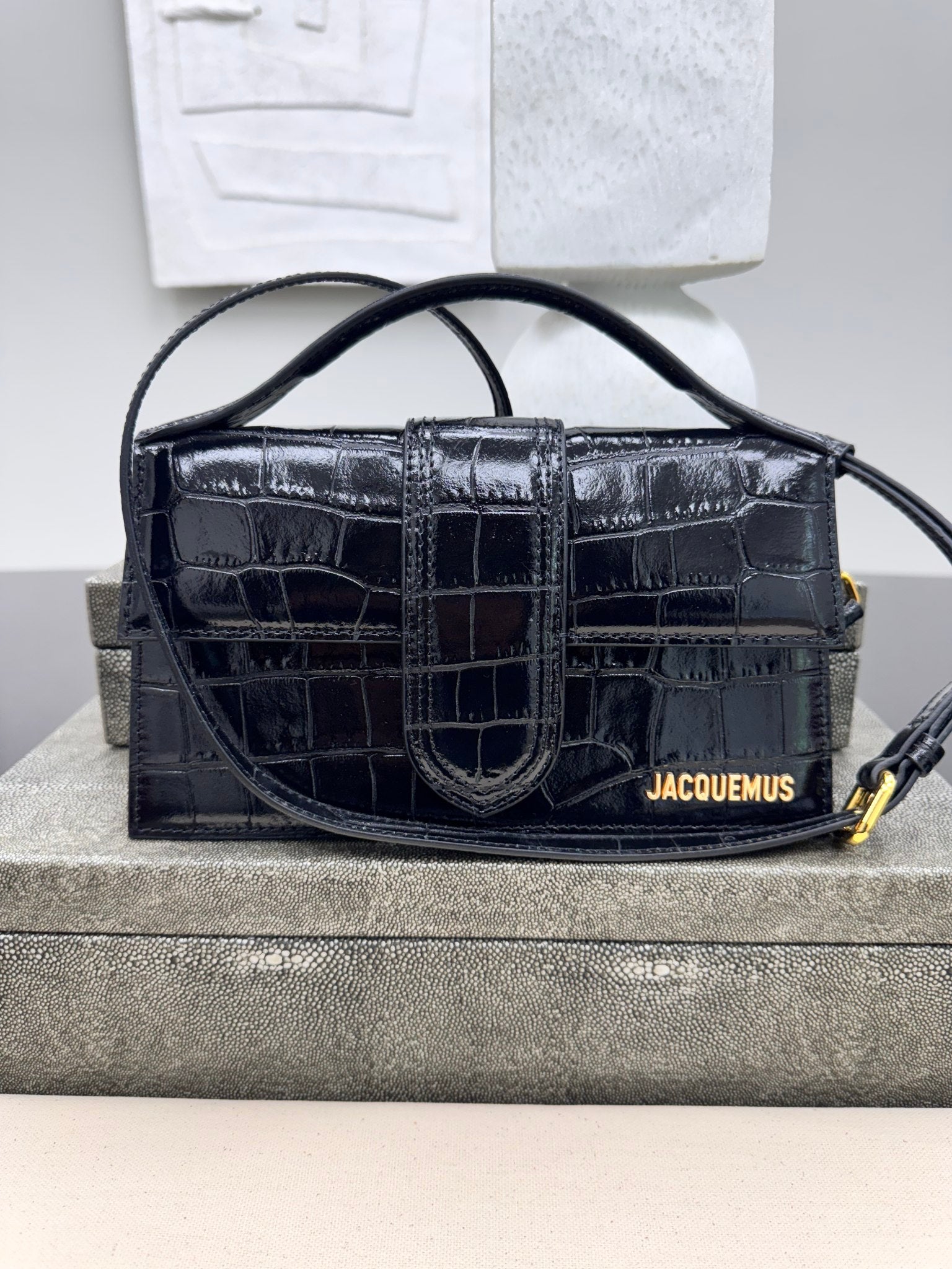 BRAND NEW - Jacquemus Black Croc Embossed Leather Le Bambino Handbag 2Way Handbag