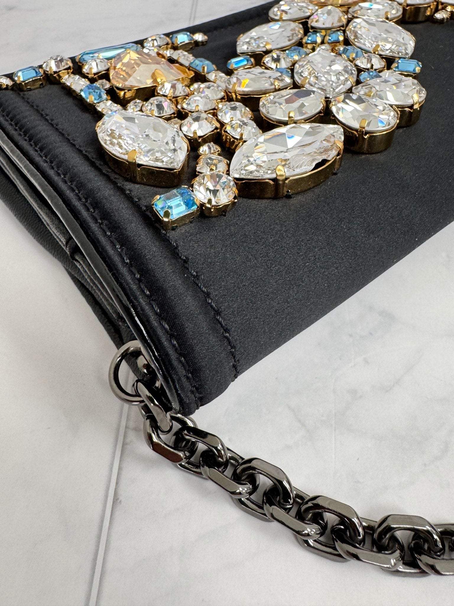 MCM Black Satin And Leather Crystal Embellished Chain Shoulder Bag