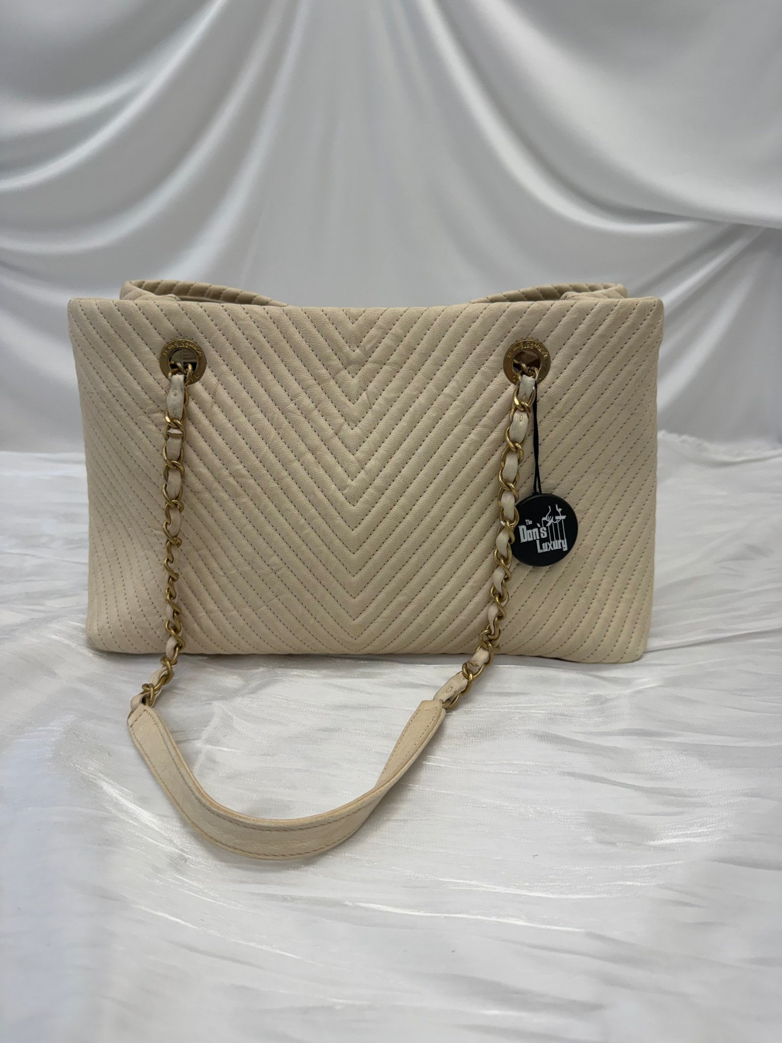 Chanel Cream Leather V Stitch Chain Tote Bag