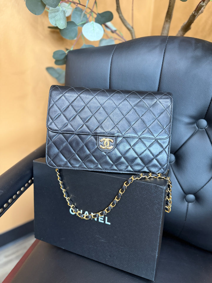 Chanel Vintage 24K Gold Black Leather CC Square Flap Shoulder Bag