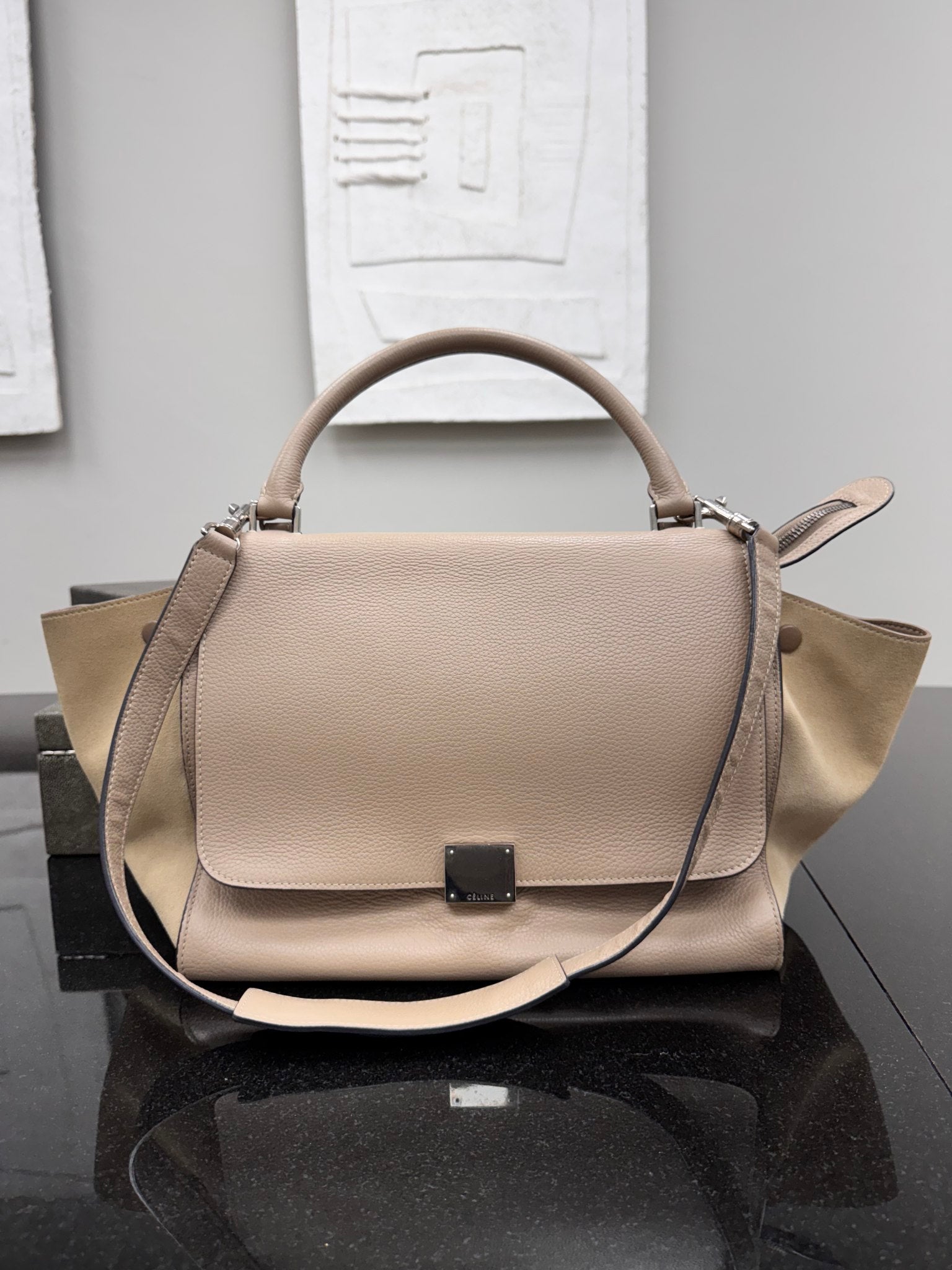 Celine Beige Leather And Suede Shoulder Bag