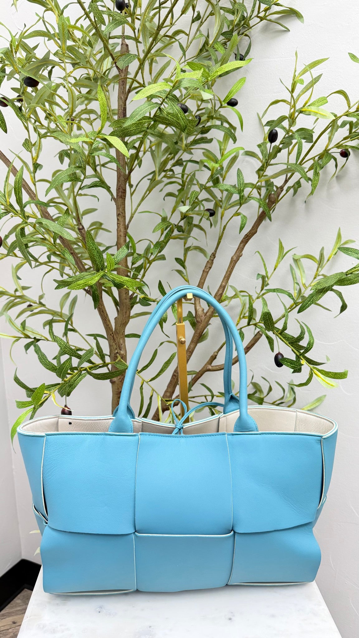 Bottega Veneta Turquoise  Nappa Intrecciato Leather Medium Arco Tote Bag 