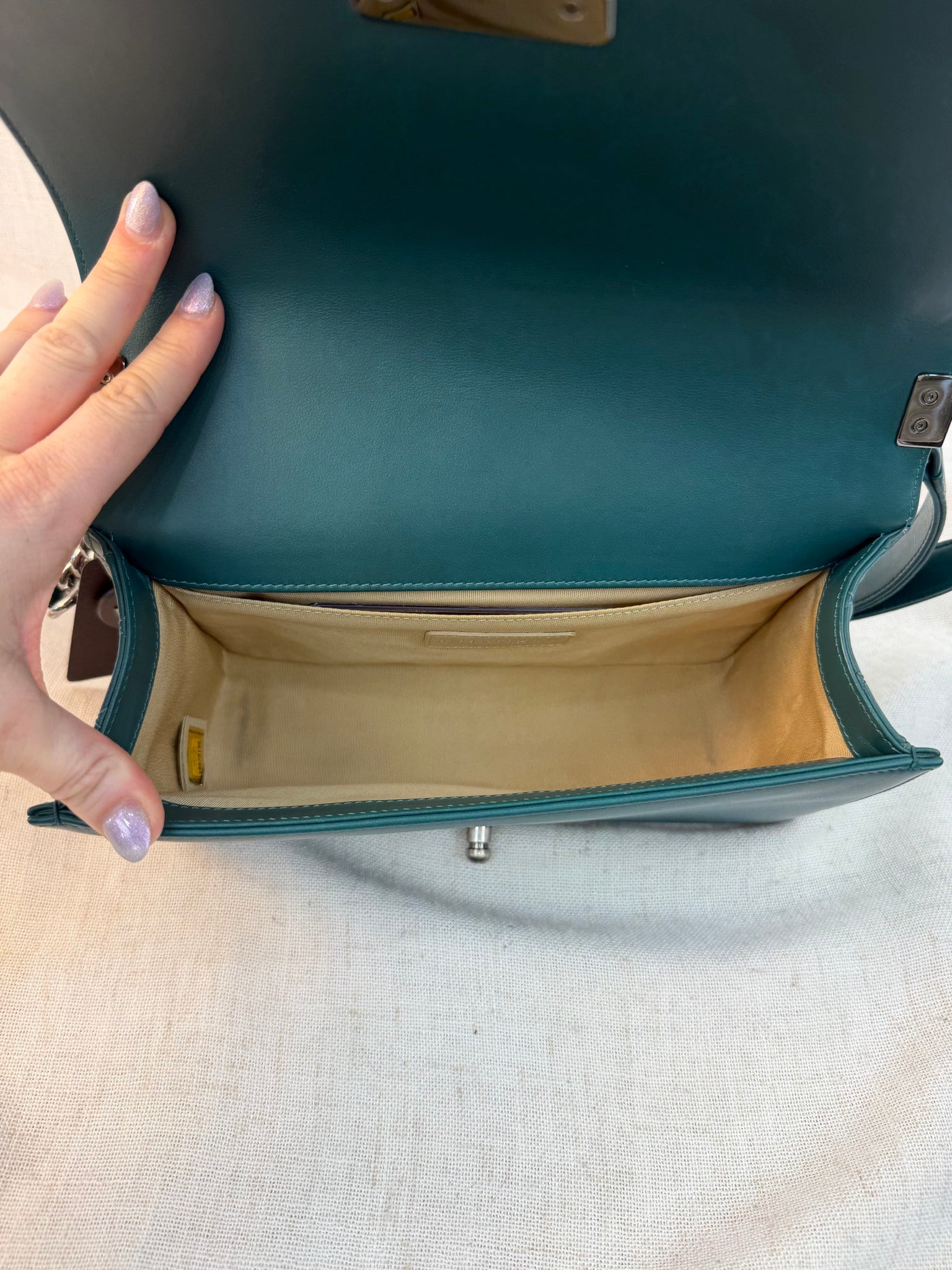 Chanel Dark Teal Calfskin Quilted Medium Boy Bag