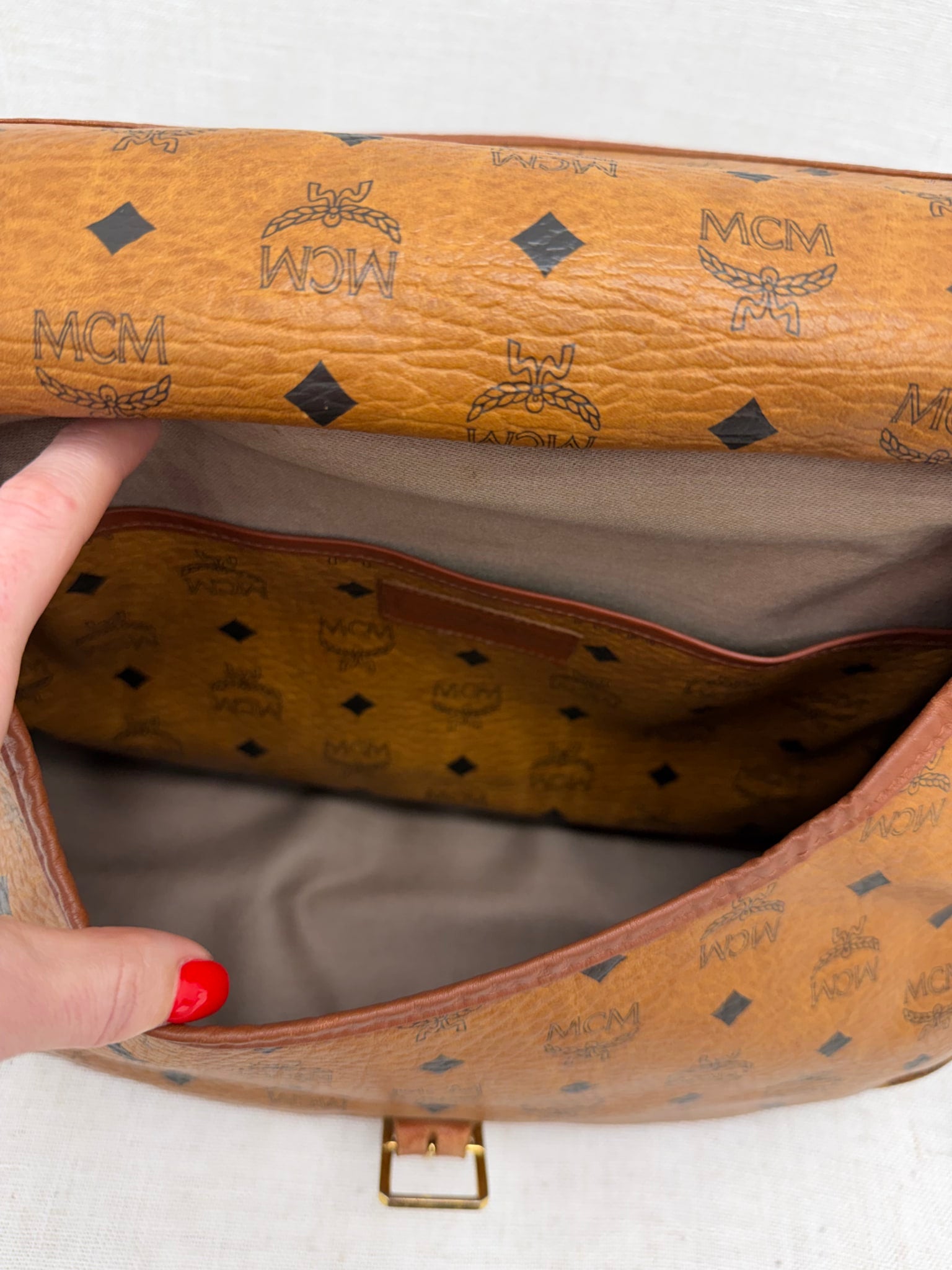 MCM Cognac Visetos Leather Messenger Bag