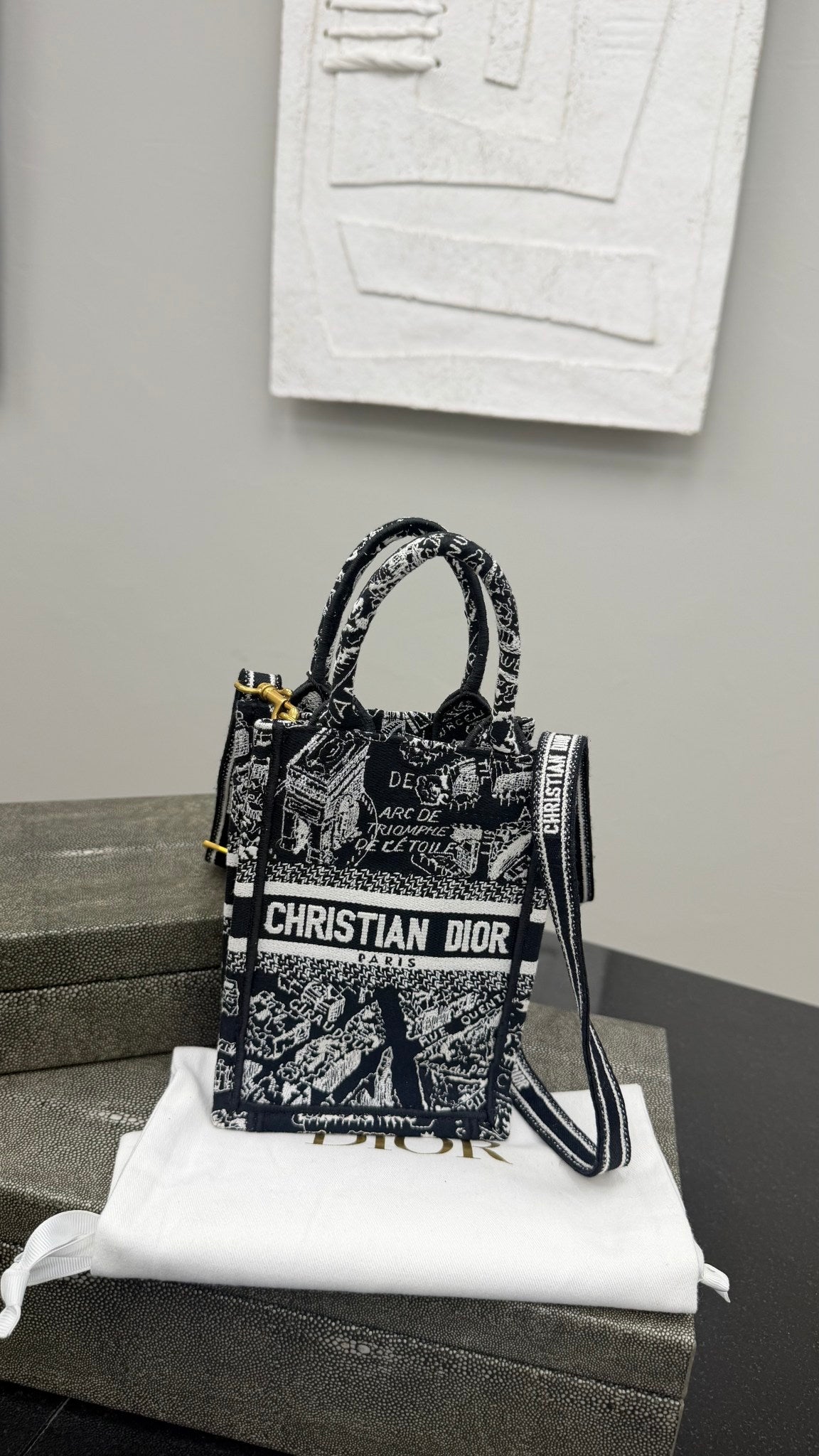 Christian Dior Black And White Canvas Vertical Mini Book Crossbody Tote Bag 