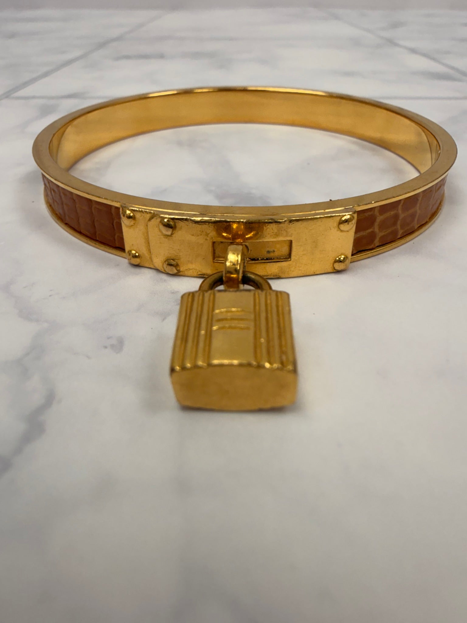 Hermes Brown & Gold Lizard skin Kelly H Cadena Bangle 