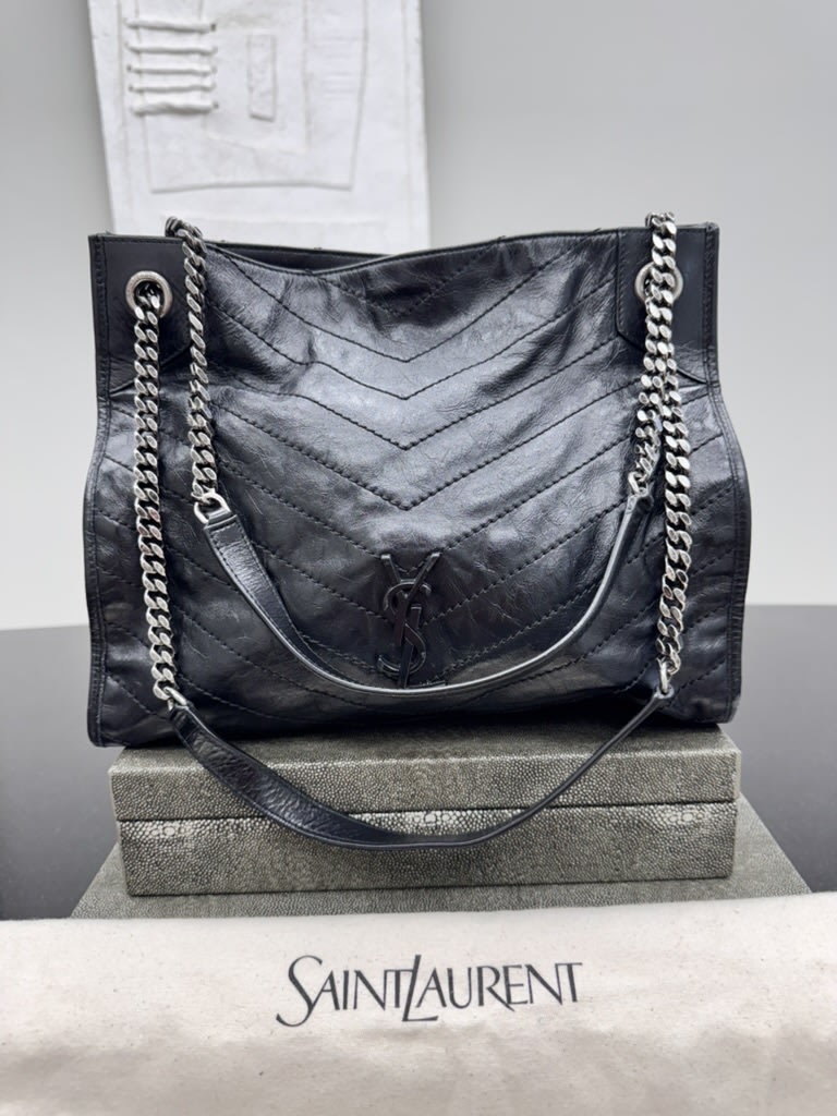 Saint Laurent YSL Black Chevron Quilted Leather Shoulder Bag 