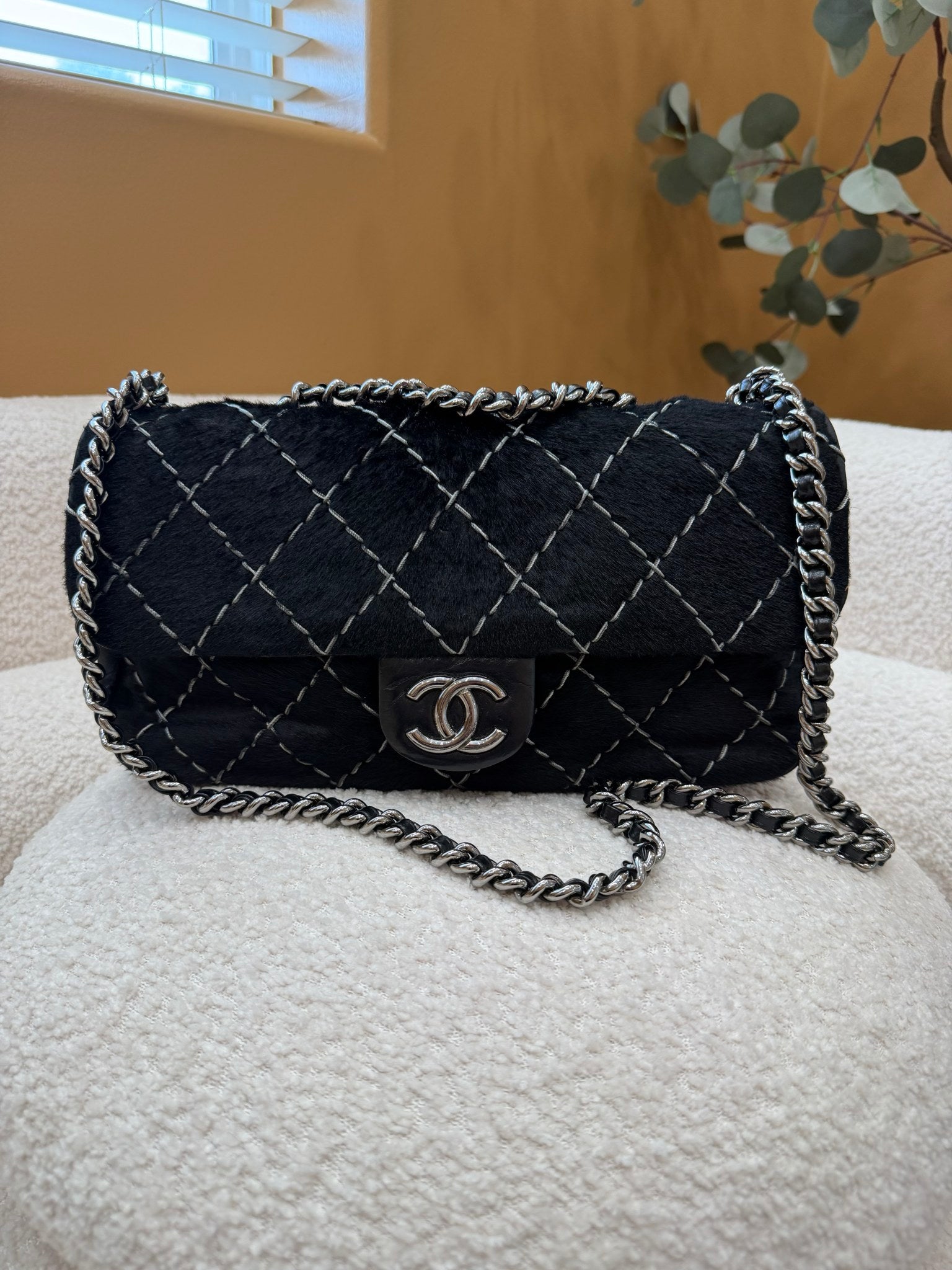 Chanel Black Ponyhair & Leather Stitched Medium Single Flap Bag