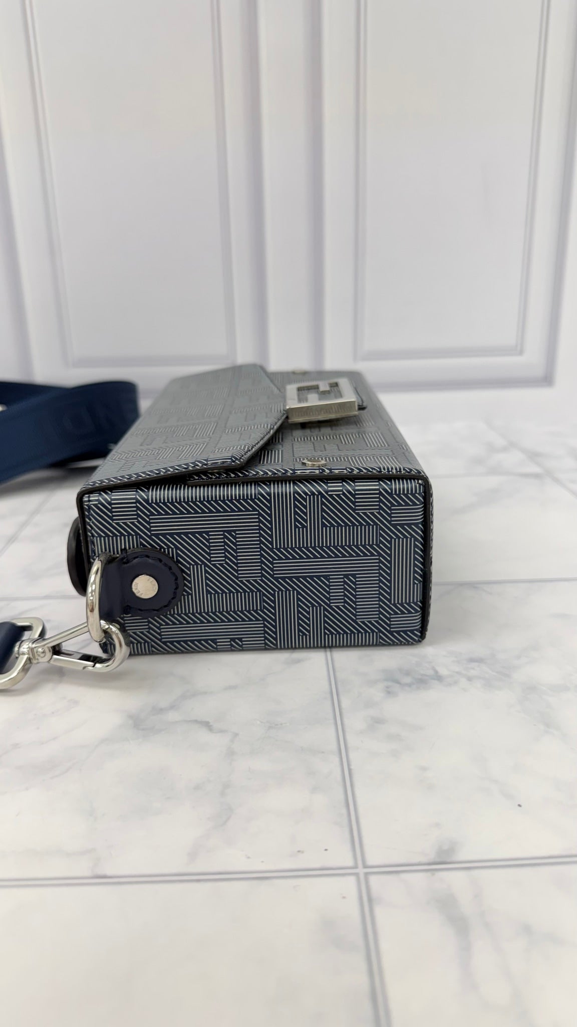 Fendi Navy Blue Leather Baguette Soft Trunk Crossbody Bag 