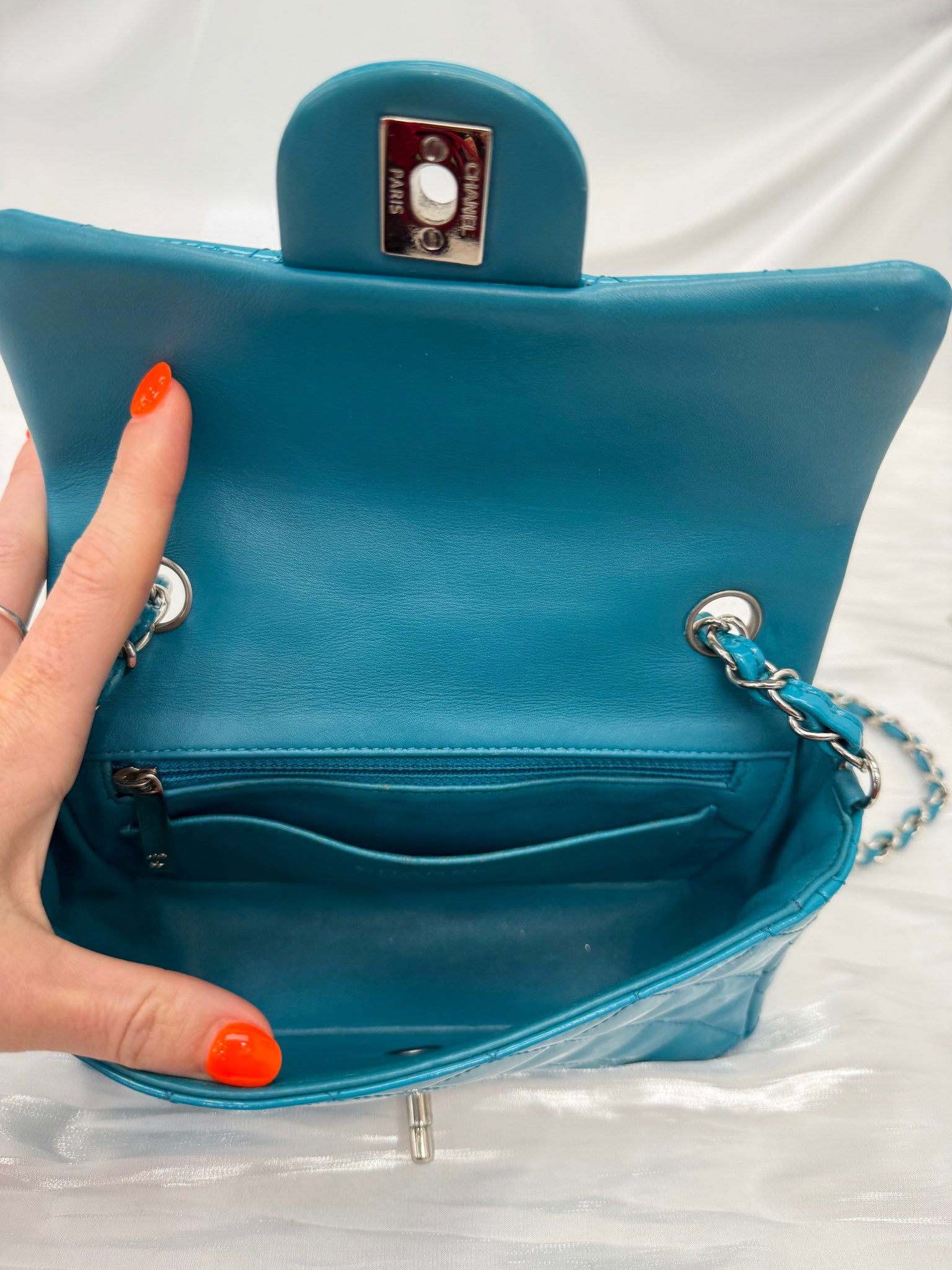 Chanel Teal Quilted Patent Leather Mini Flap Bag