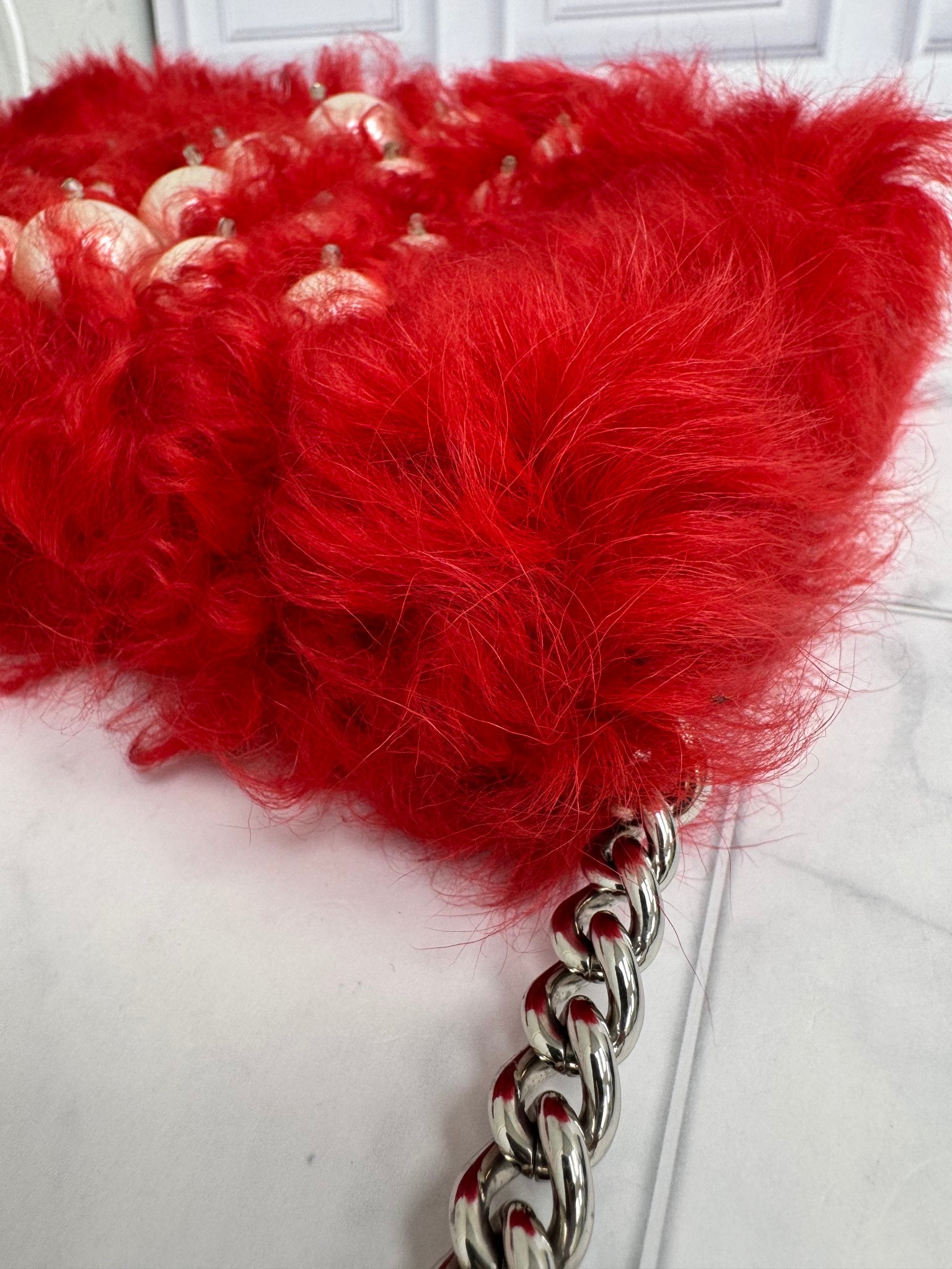 Miu Miu Red Pearl And Fur Crossbody Bag