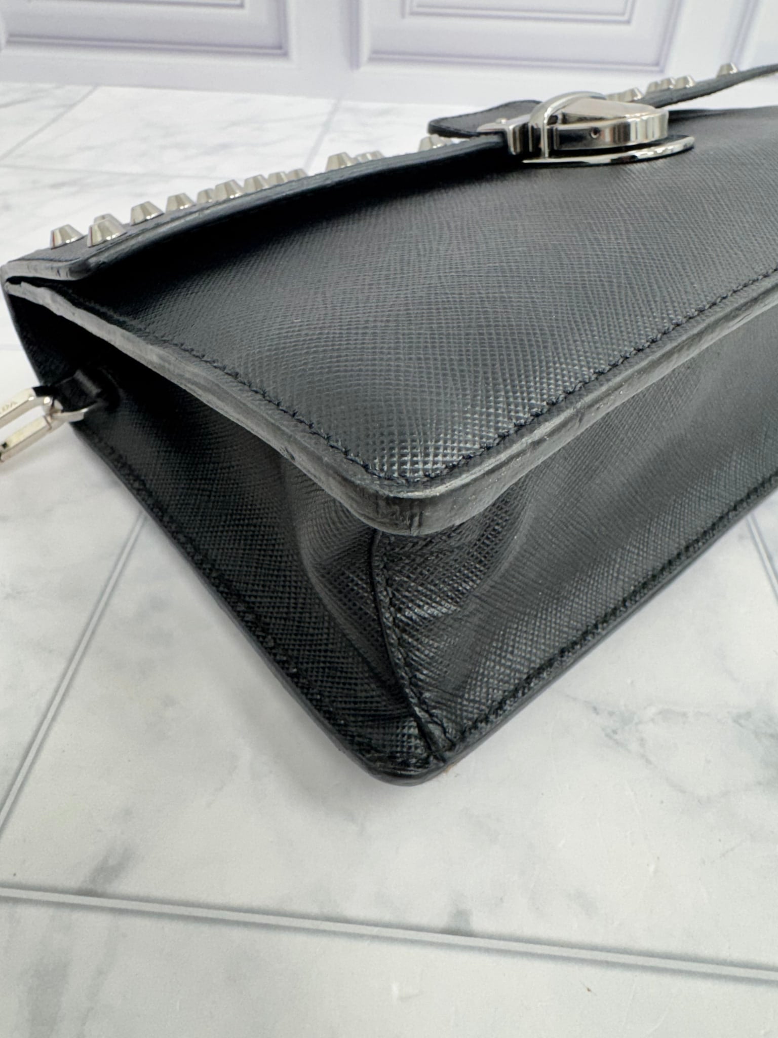 Prada Black Studded Saffiano Leather Clutch Bag
