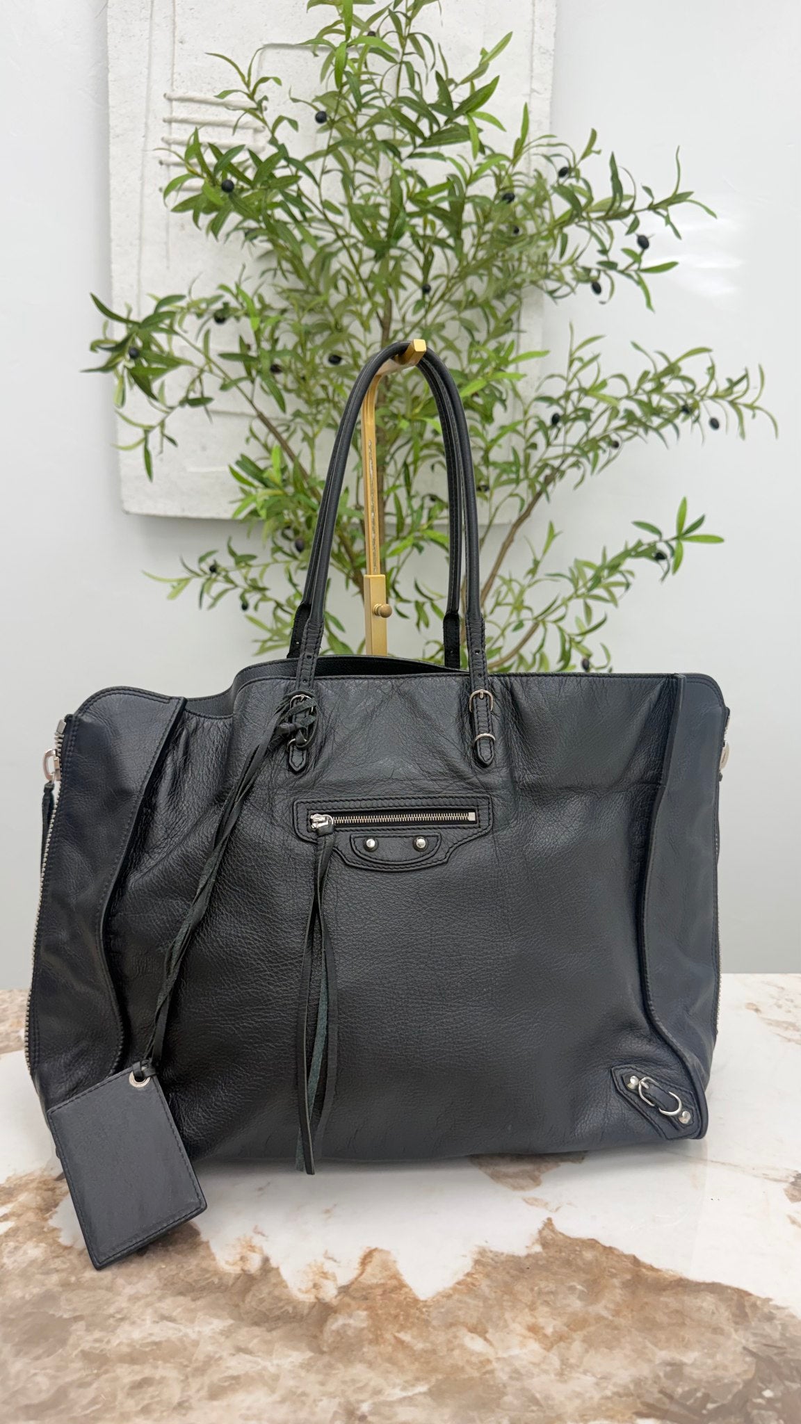Balenciaga Black Leather Papier Tote Bag 