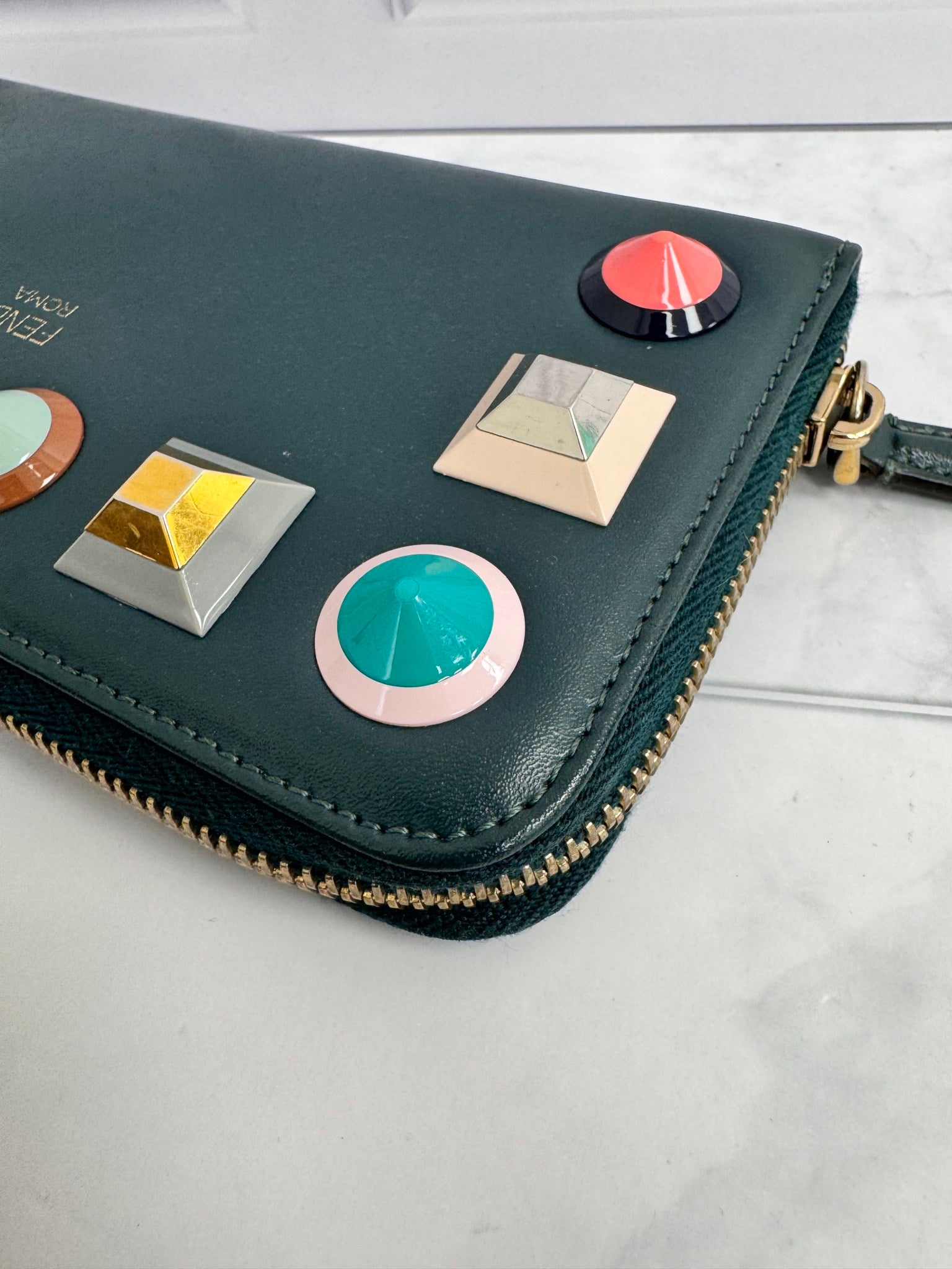 Fendi Green Studded Long Zippy Wallet