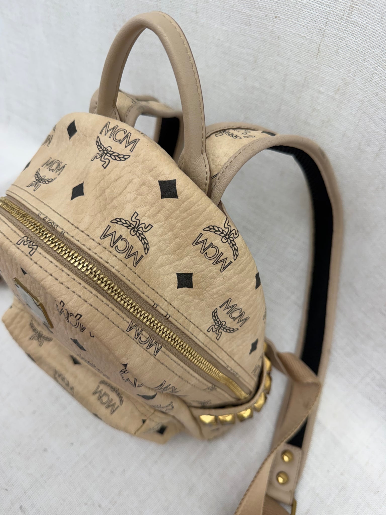 MCM Beige Visetos Leather Studded Mini Backpack