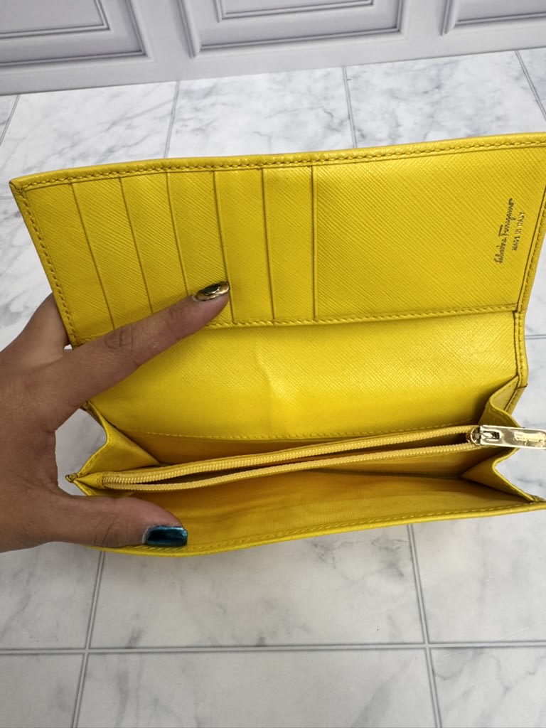 Salvatore Ferragamo Yellow Saffiano Leather Vara Bow Long Wallet
