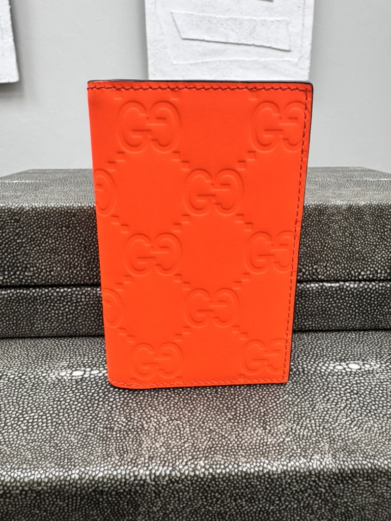 LIKE NEW - Gucci Neon Orange GG Embossed Leather Card Case