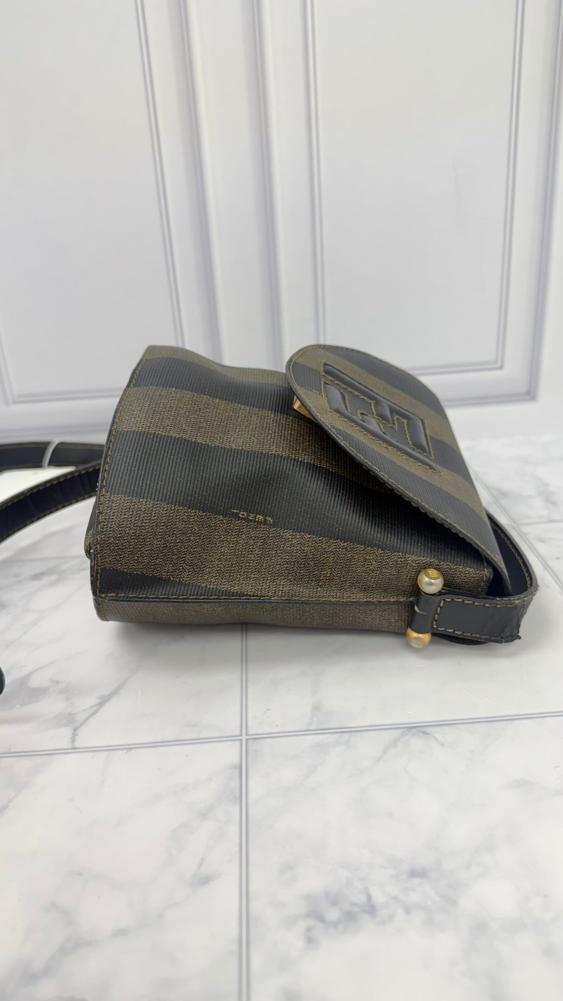 Fendi Brown And Black Coated Canvas Pequin Stripe Shoulder Bag 