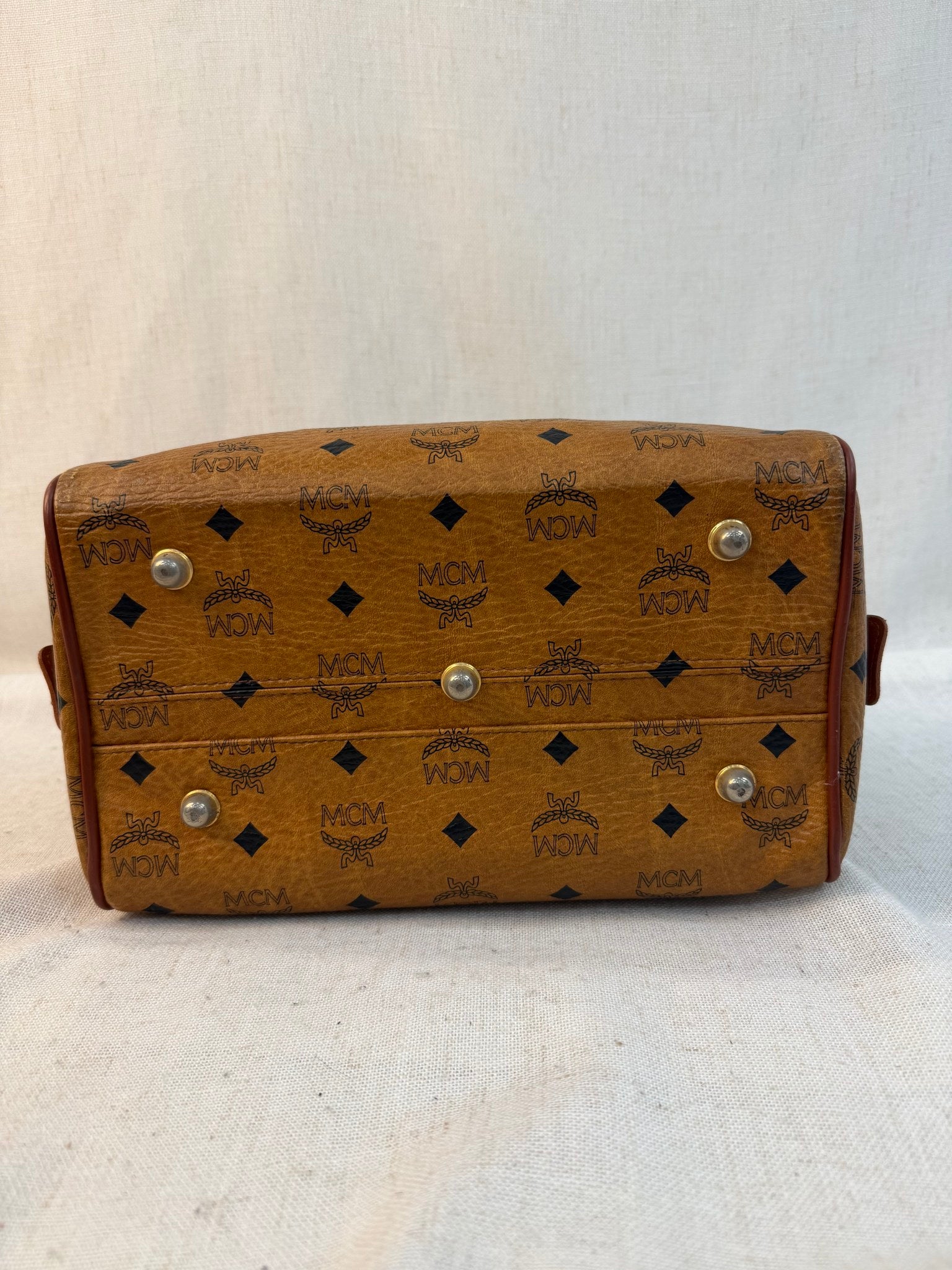 MCM Brown Coated Canvas Boston Bag