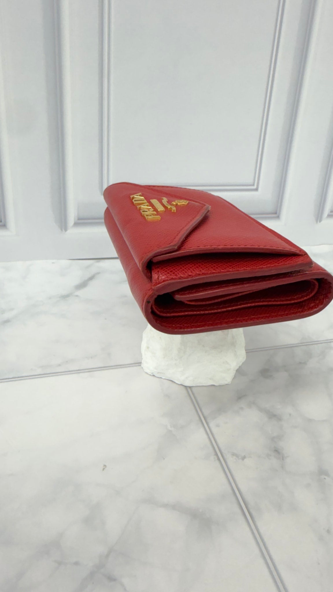 Prada Red Saffiano Leather Trifold Compact Wallet 