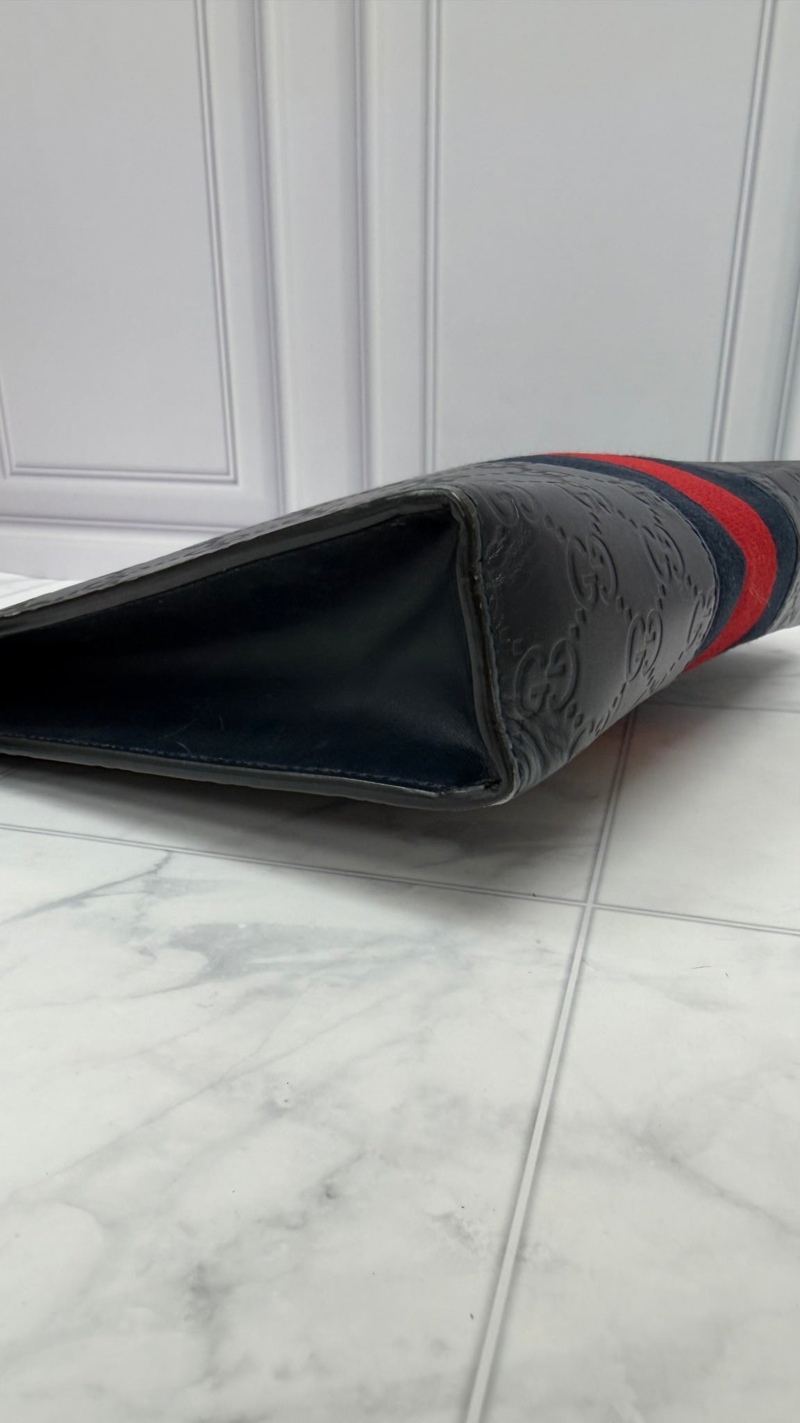 Gucci Navy Blue Guccissima Leather Web Pouch
