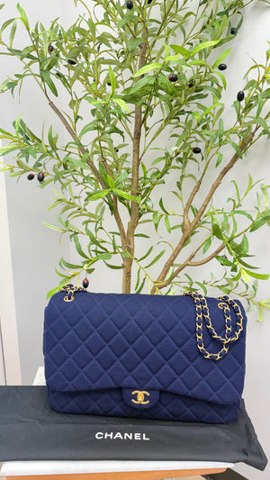 Chanel Navy Quilted Jersey Cloth Maxi Classic Flap Shoulder Bag