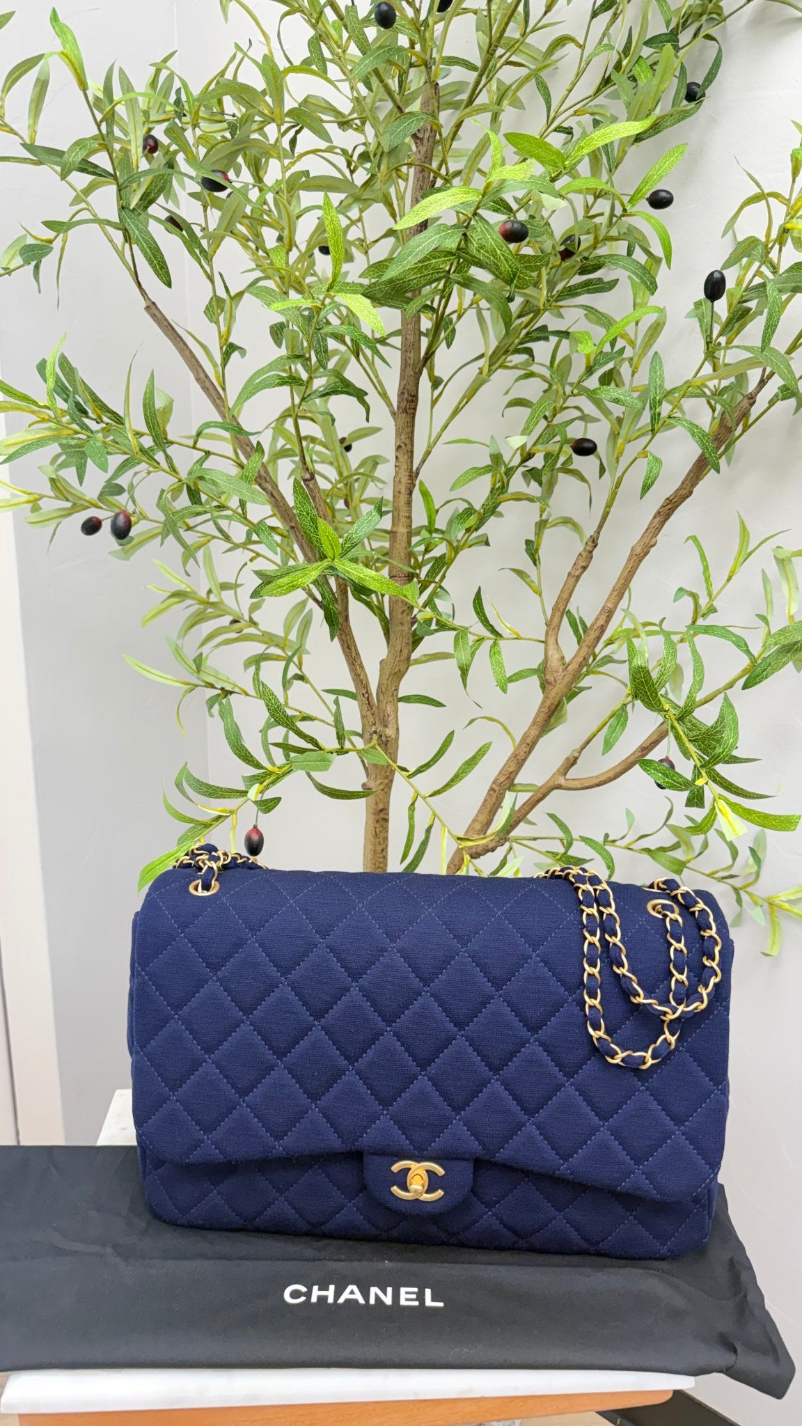 Chanel Navy Quilted Jersey Cloth Maxi Classic Flap Shoulder Bag 