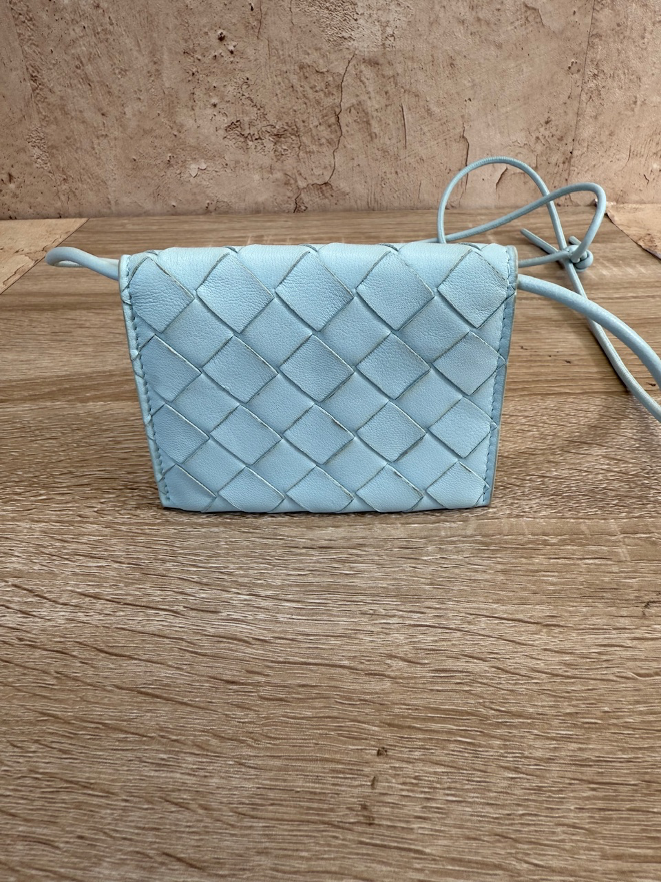 Bottega Veneta Sky Blue Leather Card Case on Strap